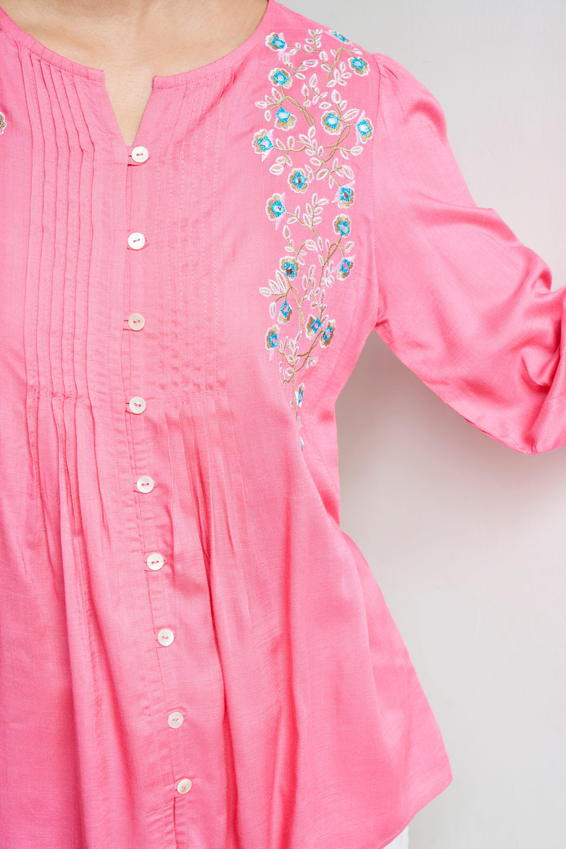 Pink Solid Embroidered Straight Top, Pink, image 5