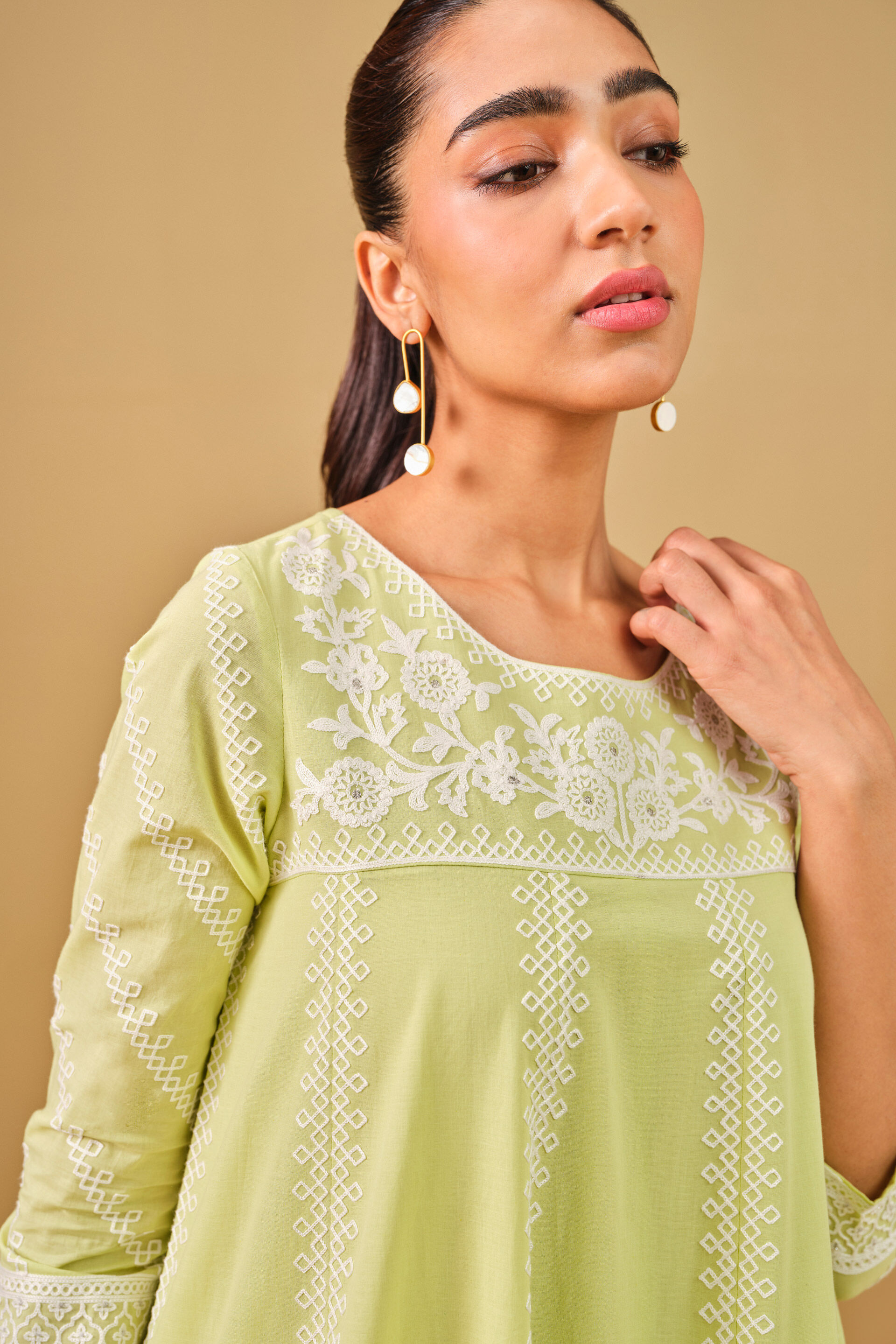 Lime Green Embroidered Cotton Kurta Set, Lime, image 6