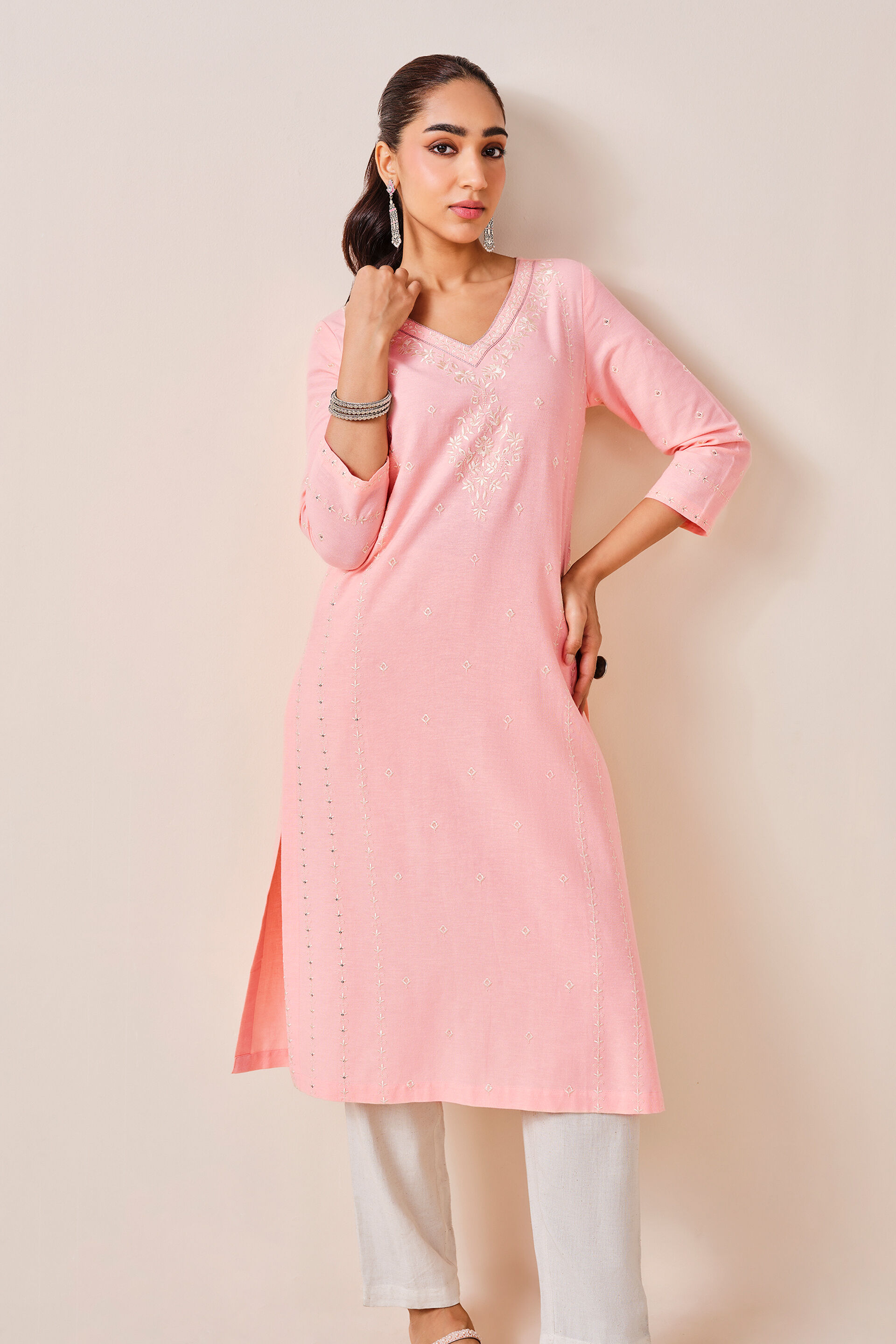 Coral Printed Rayon Linen  Blend Kurta, Coral, image 6