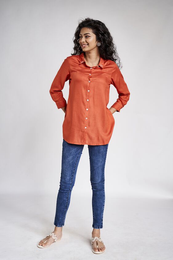 2 - Burnt Orange Solid Embroidered Shirt Style Top, image 2