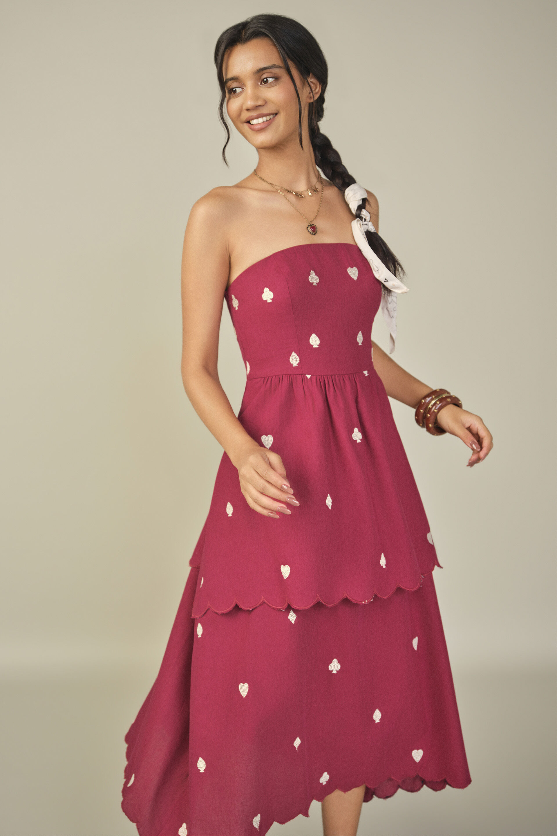 Embroidered Bandeau Midi Dress in Red, Red, image 3