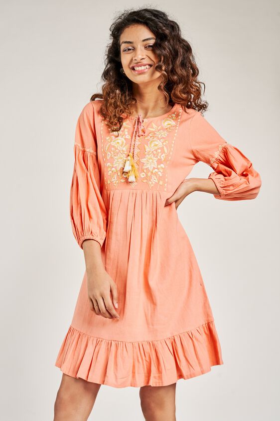 1 - Coral Solid Embroidered Dress, image 1