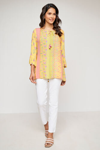 Yellow Flared Floral Comfort Top, Yellow, image 1