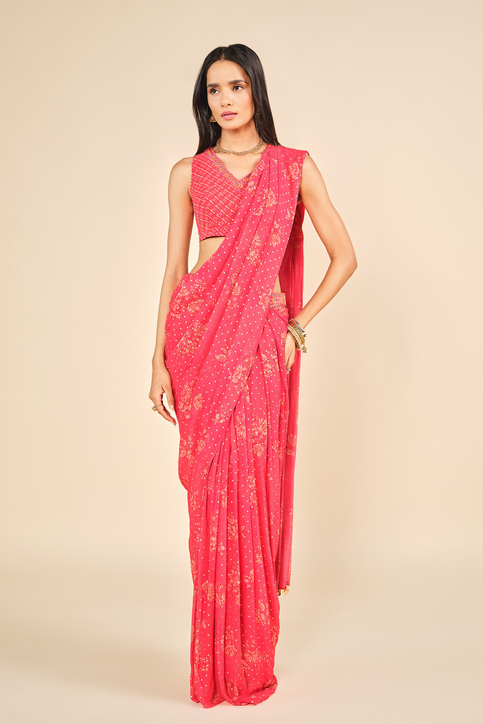 Gulab Phool Pre-draped Saree, Coral, image 3