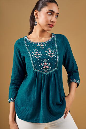 Floral Embroidered Teal Top, Teal, image 2