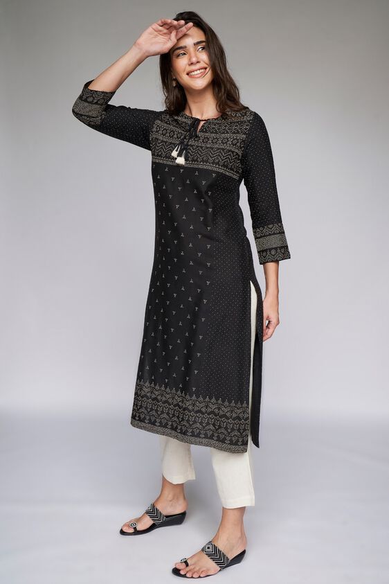 3 - Black Geometric Straight Kurta, image 3
