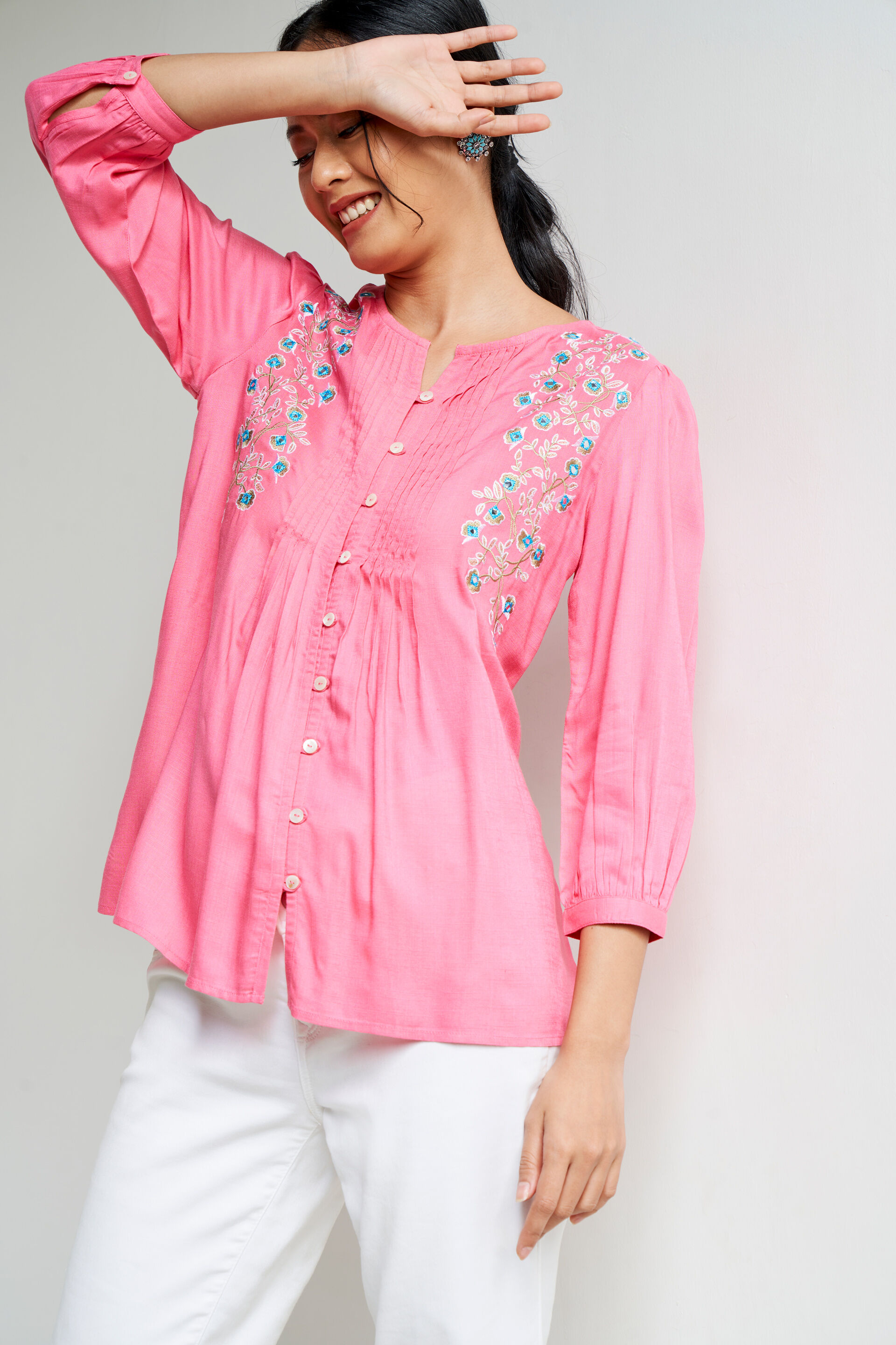 Pink Solid Embroidered Straight Top, Pink, image 2