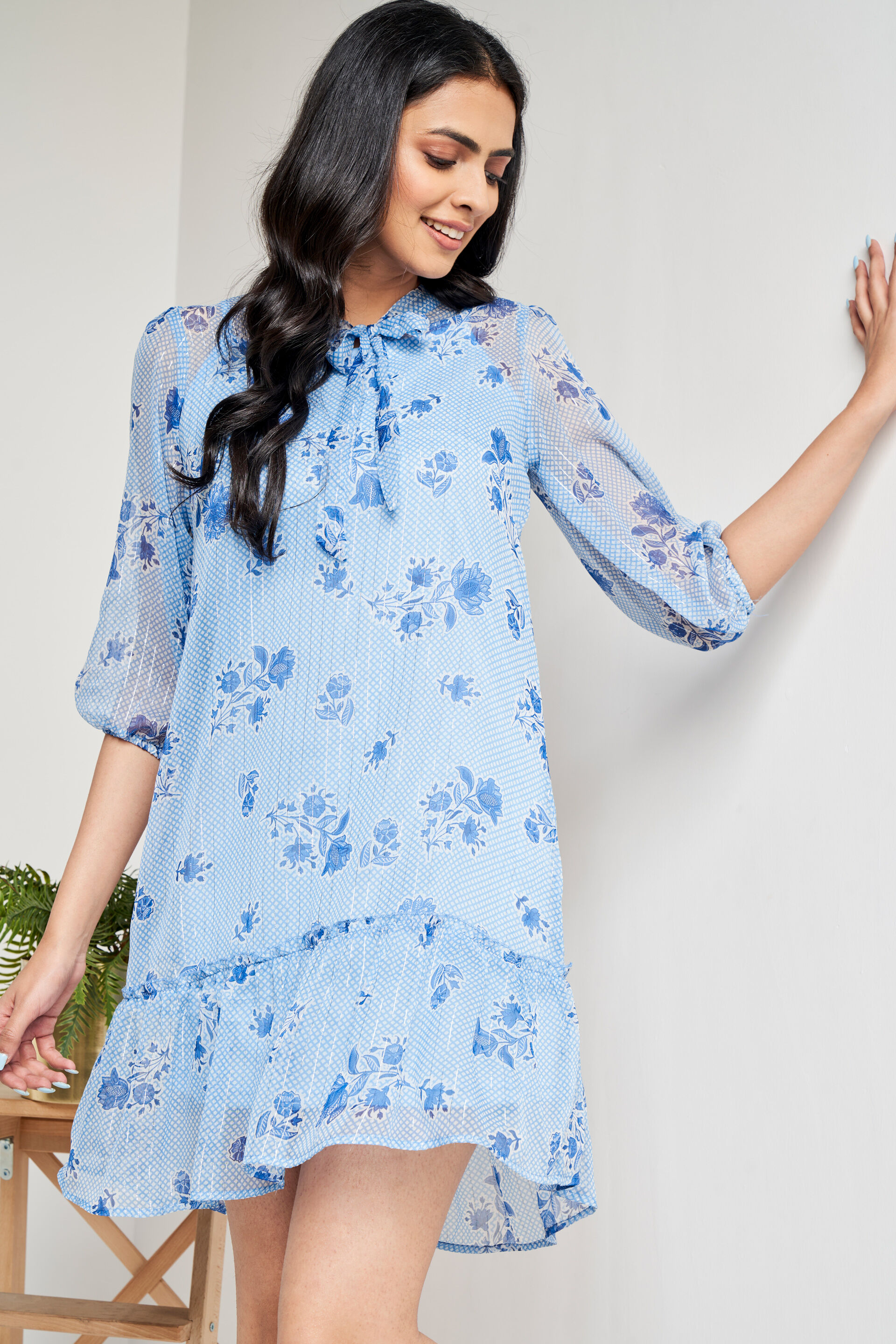 Blue Floral Flared Dress, Blue, image 4
