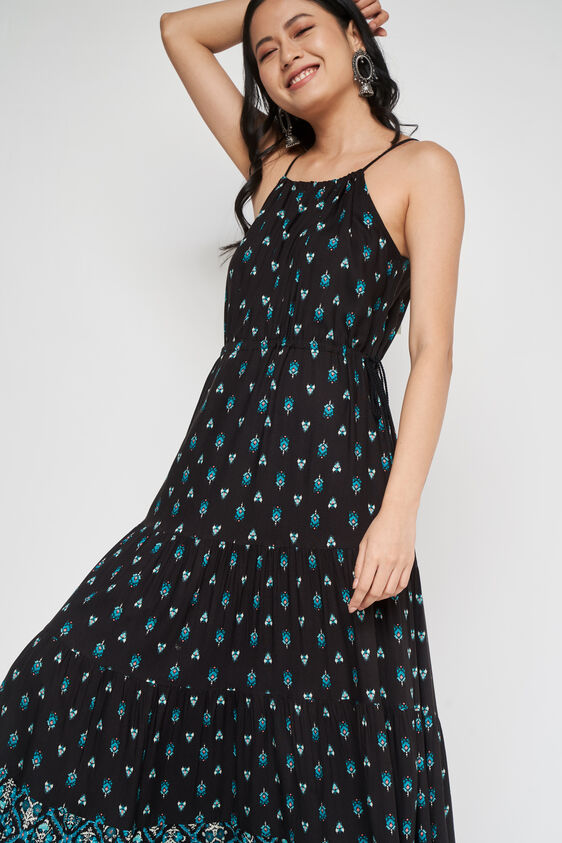 Black Floral Flared Gown, Black, image 1