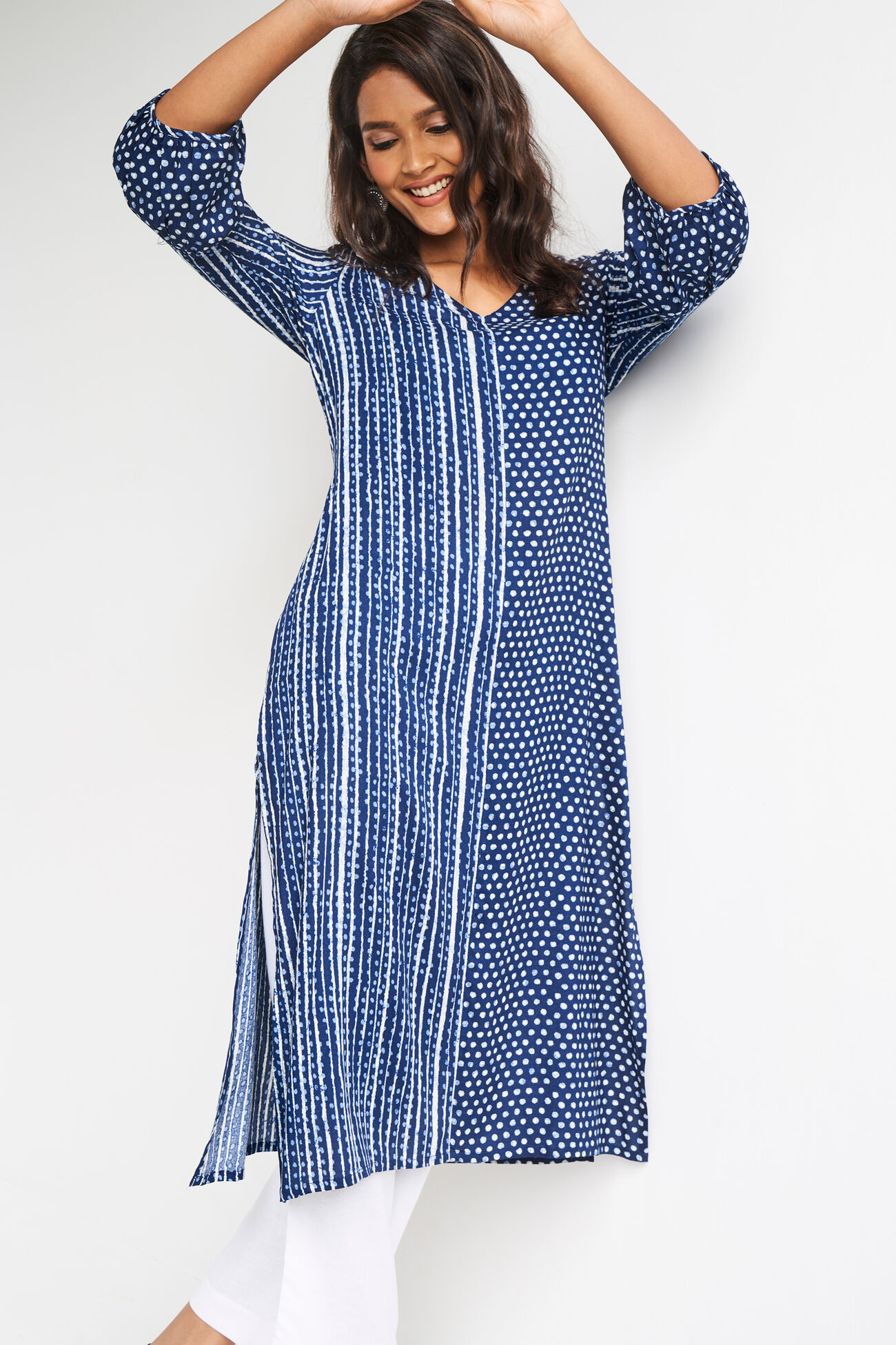 Indigo Ethnic Motifs Straight Slip-On Kurta, Indigo, image 1