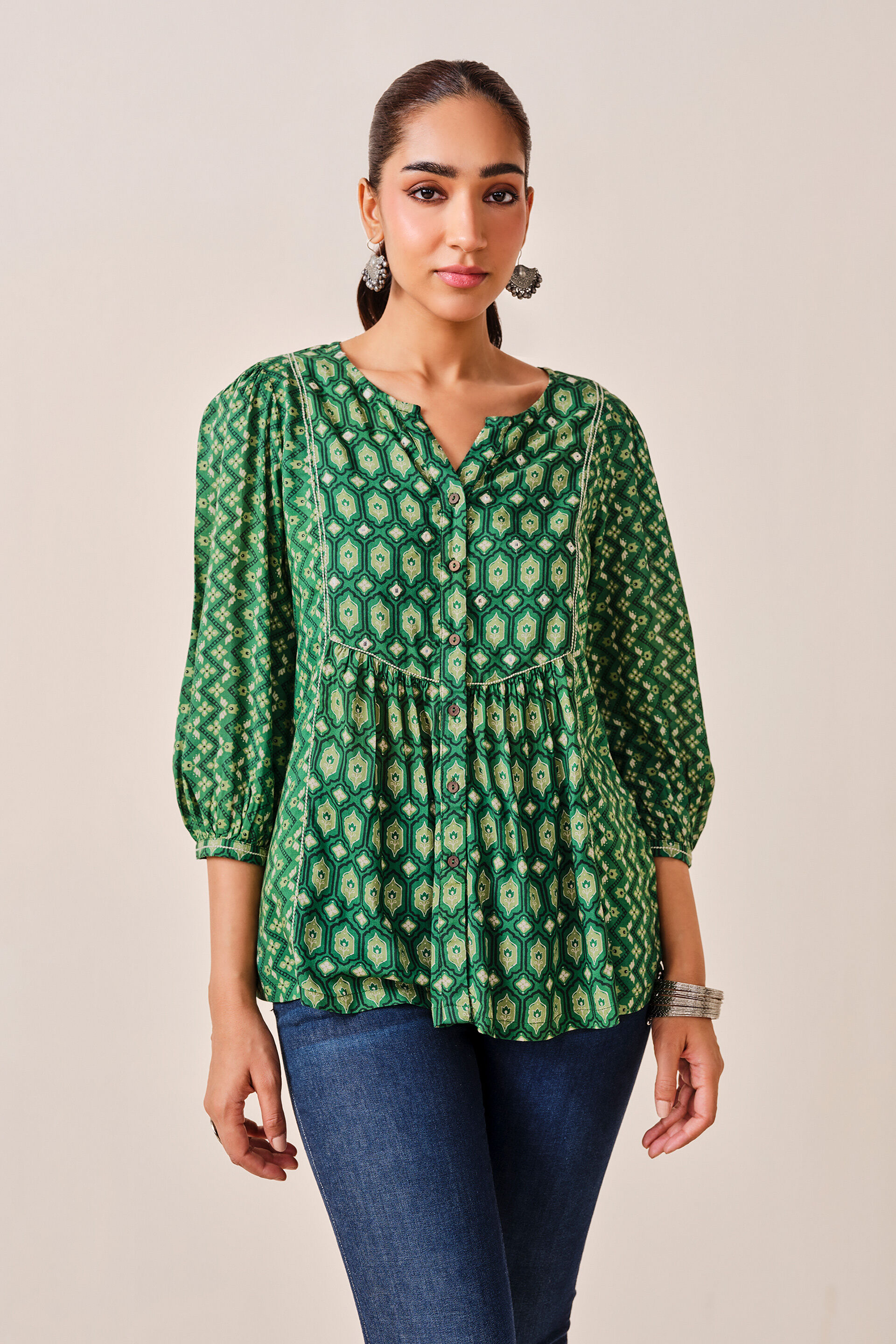 Green Floral Print Viscose Top, Green, image 3