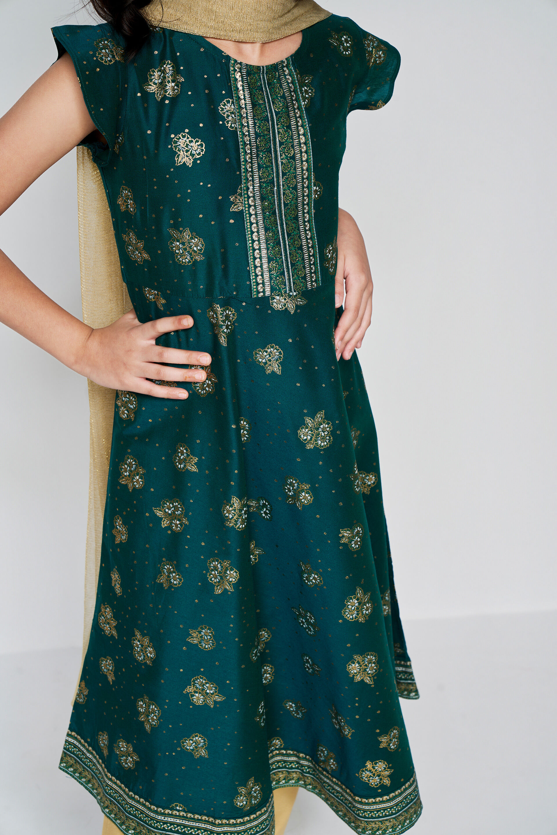 Green-Gold Festive Kurta Set, Green, image 6