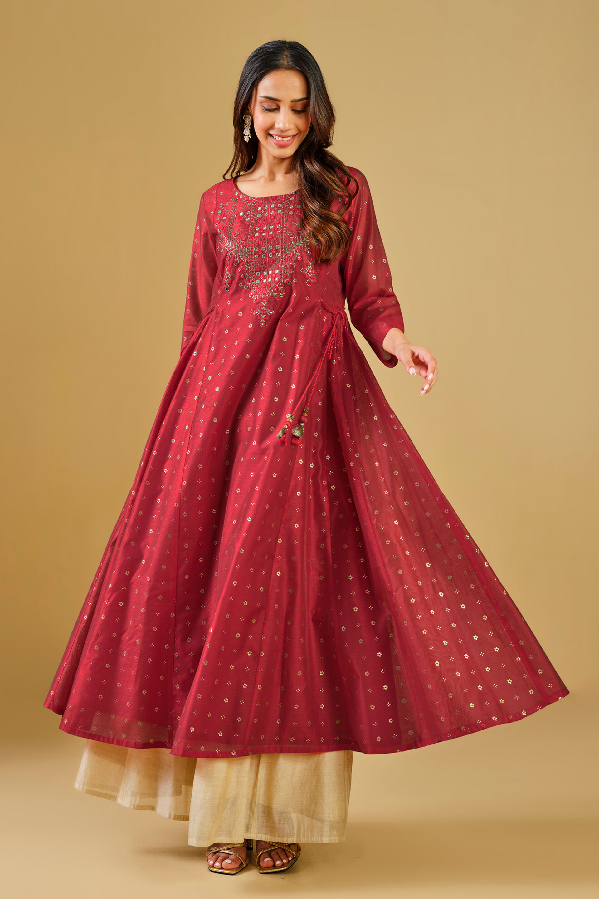 Red Viscose Blend Flared Kurta, Red, image 3