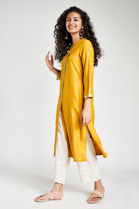 Shop Mustard Mandarin Collar ALine Midi Kurta Online at globaldesi.in