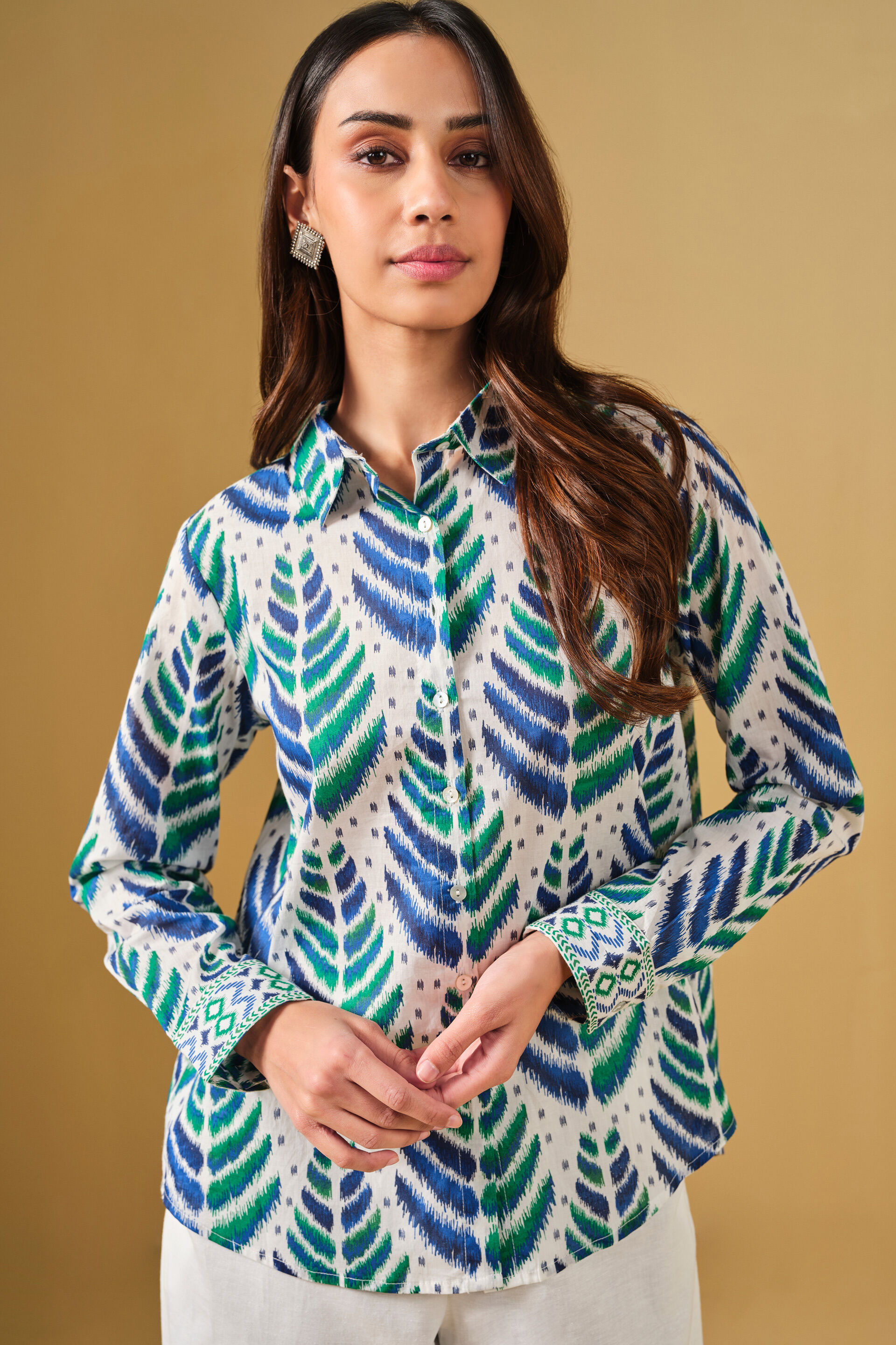 Ikat Inspired Cotton Shirt, White, image 6