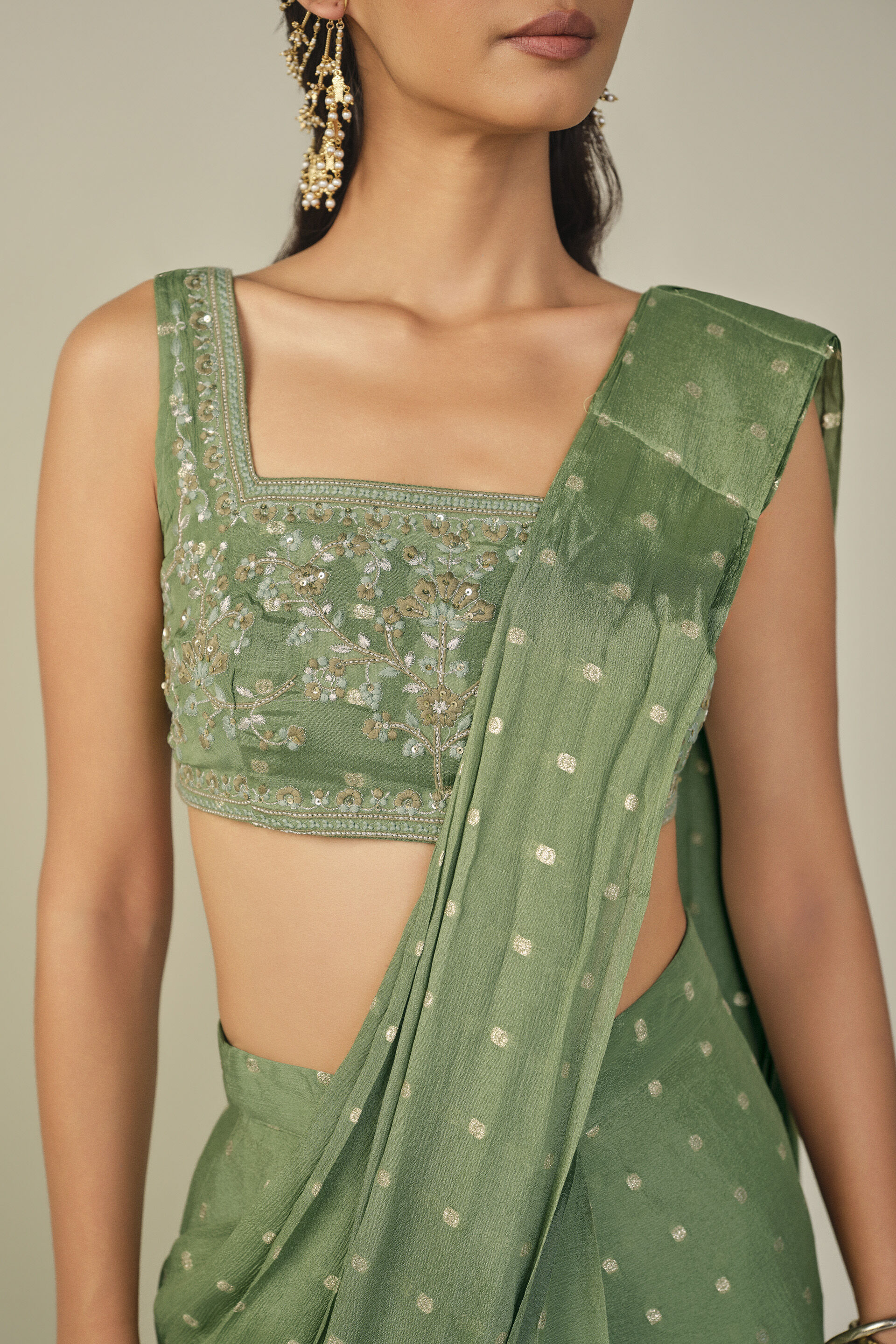 Embroidered Pre-stitched Saree in Sage, Sage Green, image 2