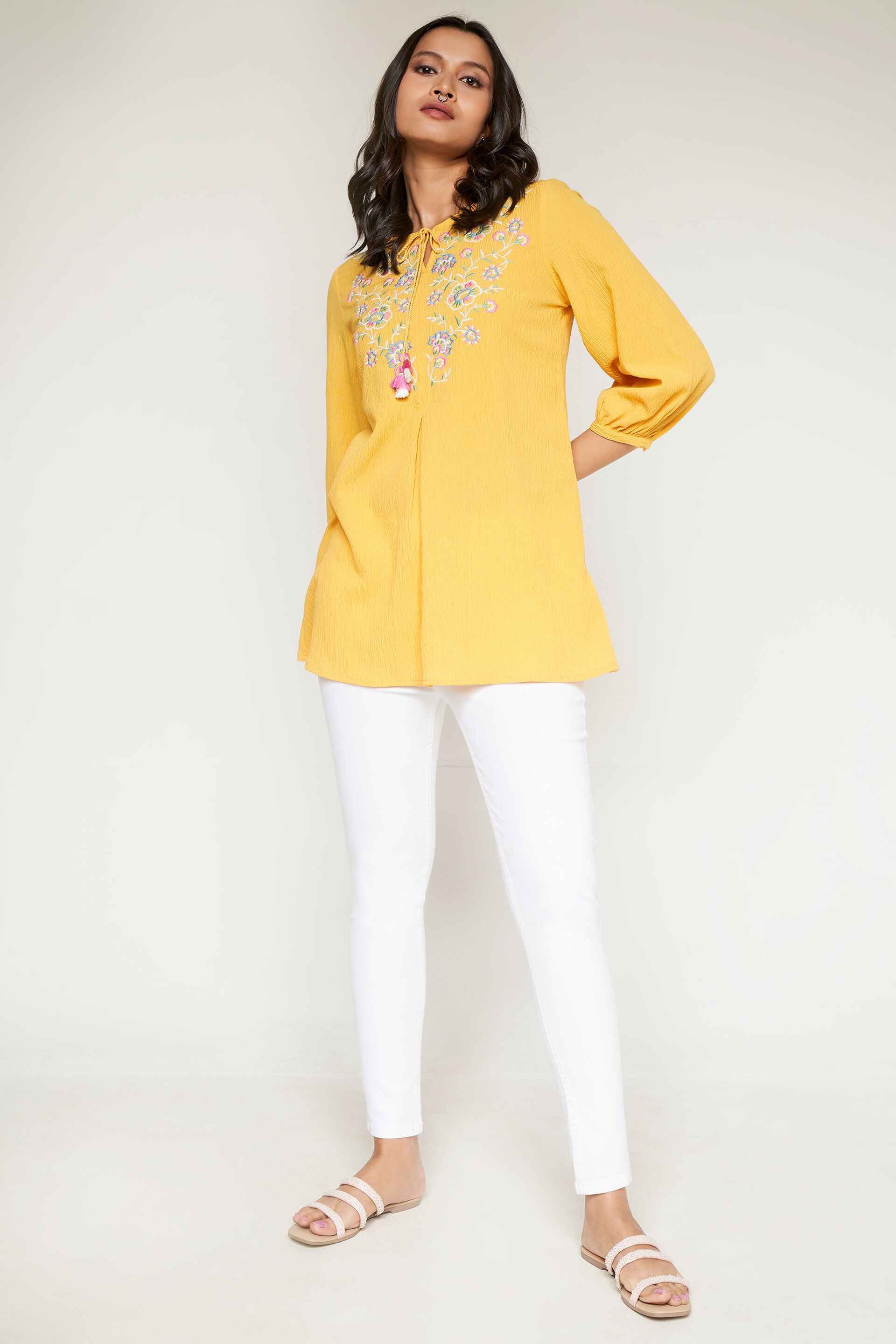 Mustard Solid Embroidered Straight Top, Mustard, image 2