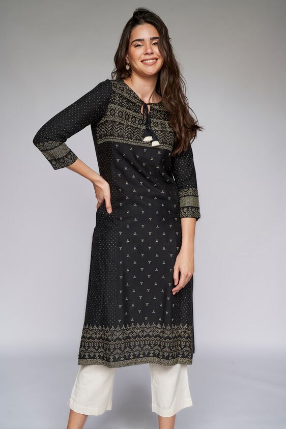 2 - Black Geometric Straight Kurta, image 2