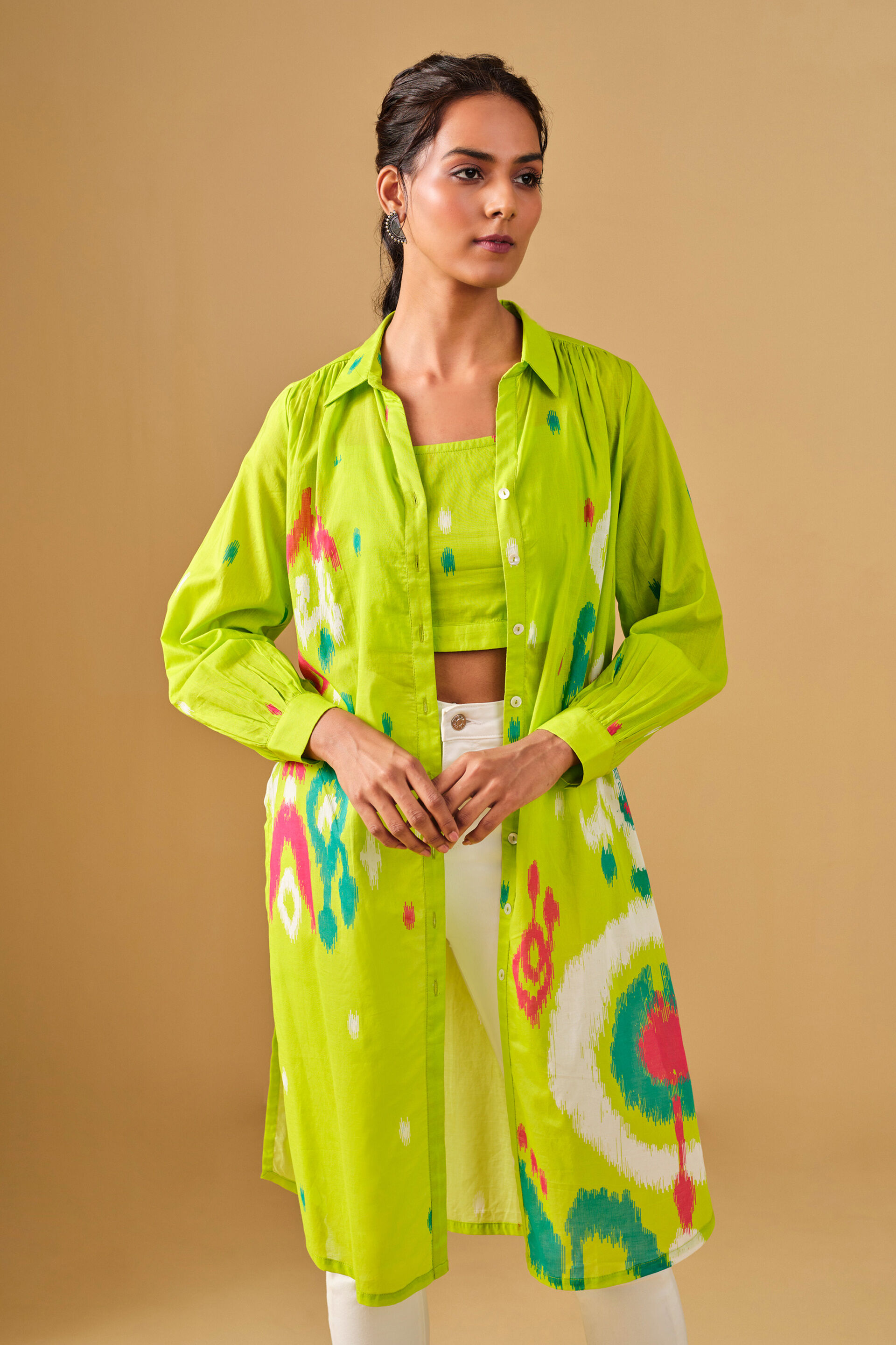 Ikat Inspired Cotton Top-Jacket Set, Lime, image 3