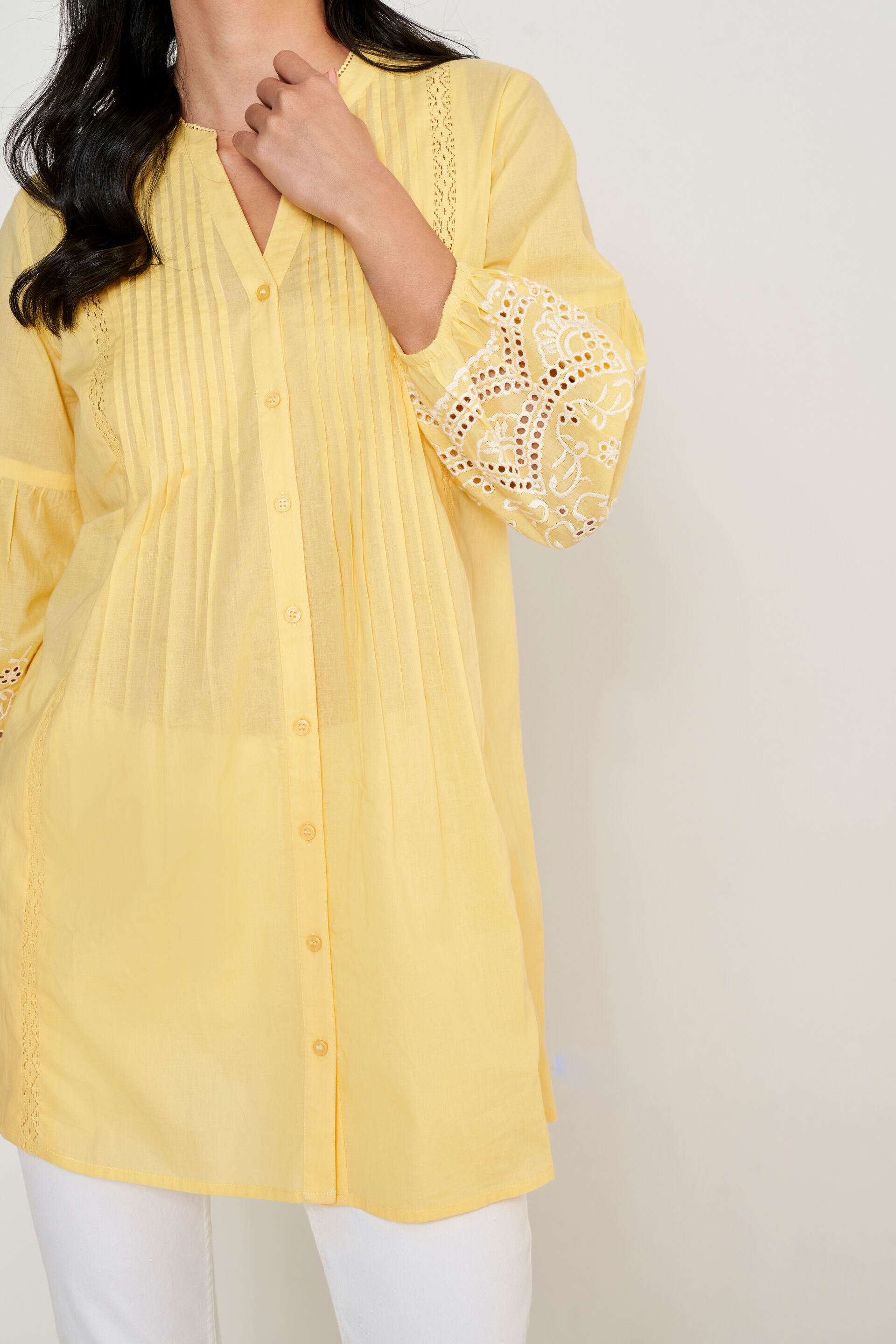Buy our Casual Wear Yellow Solid Embroidered Shirt Style Tunic online