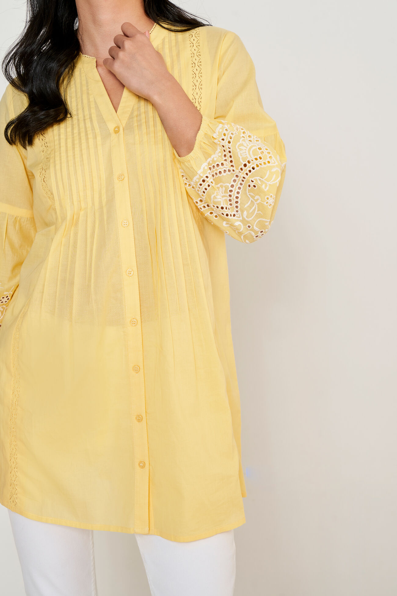 Yellow Solid Embroidered Shirt Style Tunic, Yellow, image 6
