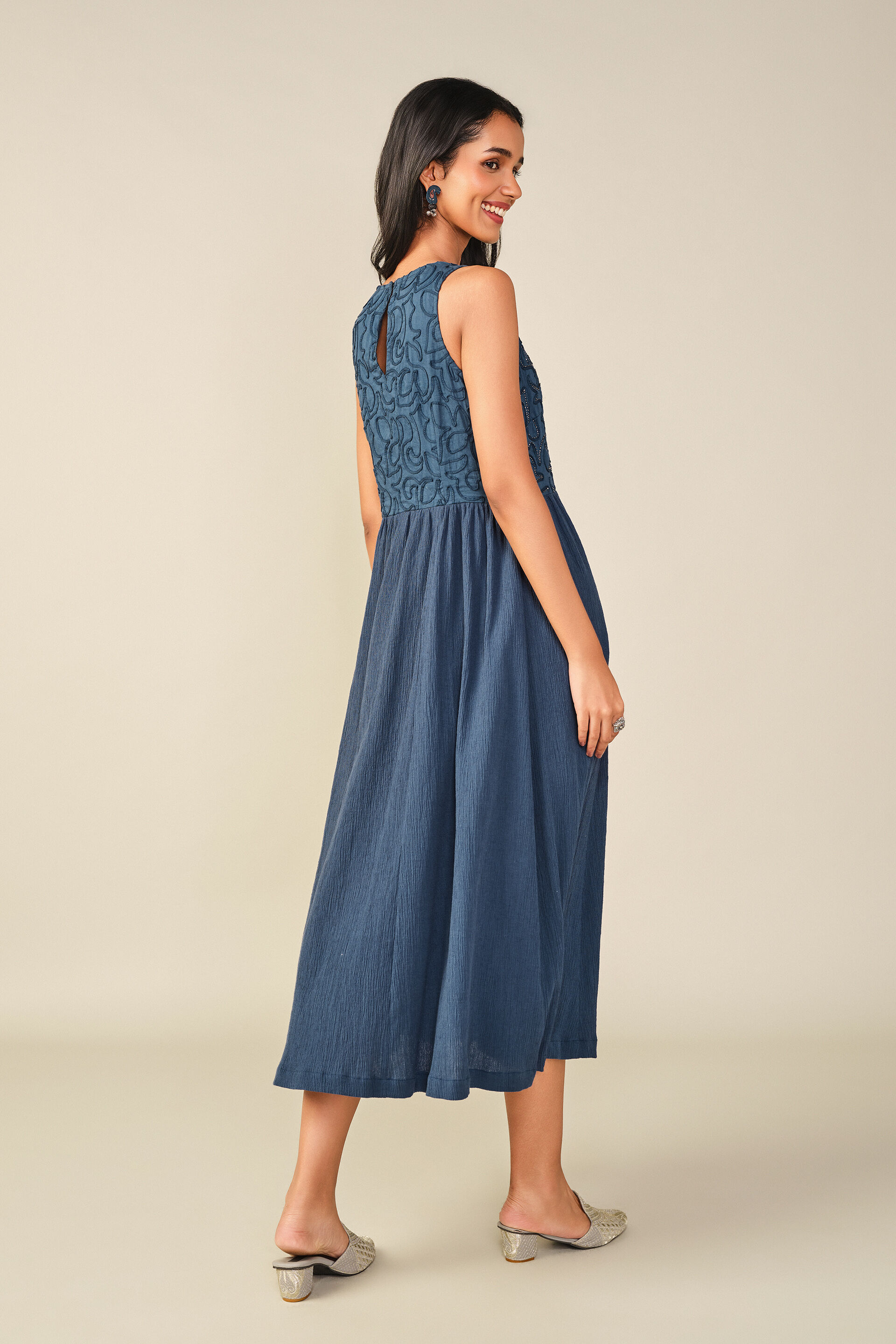Embroidered Cotton Halter Midi Dress in Indigo, Indigo, image 6