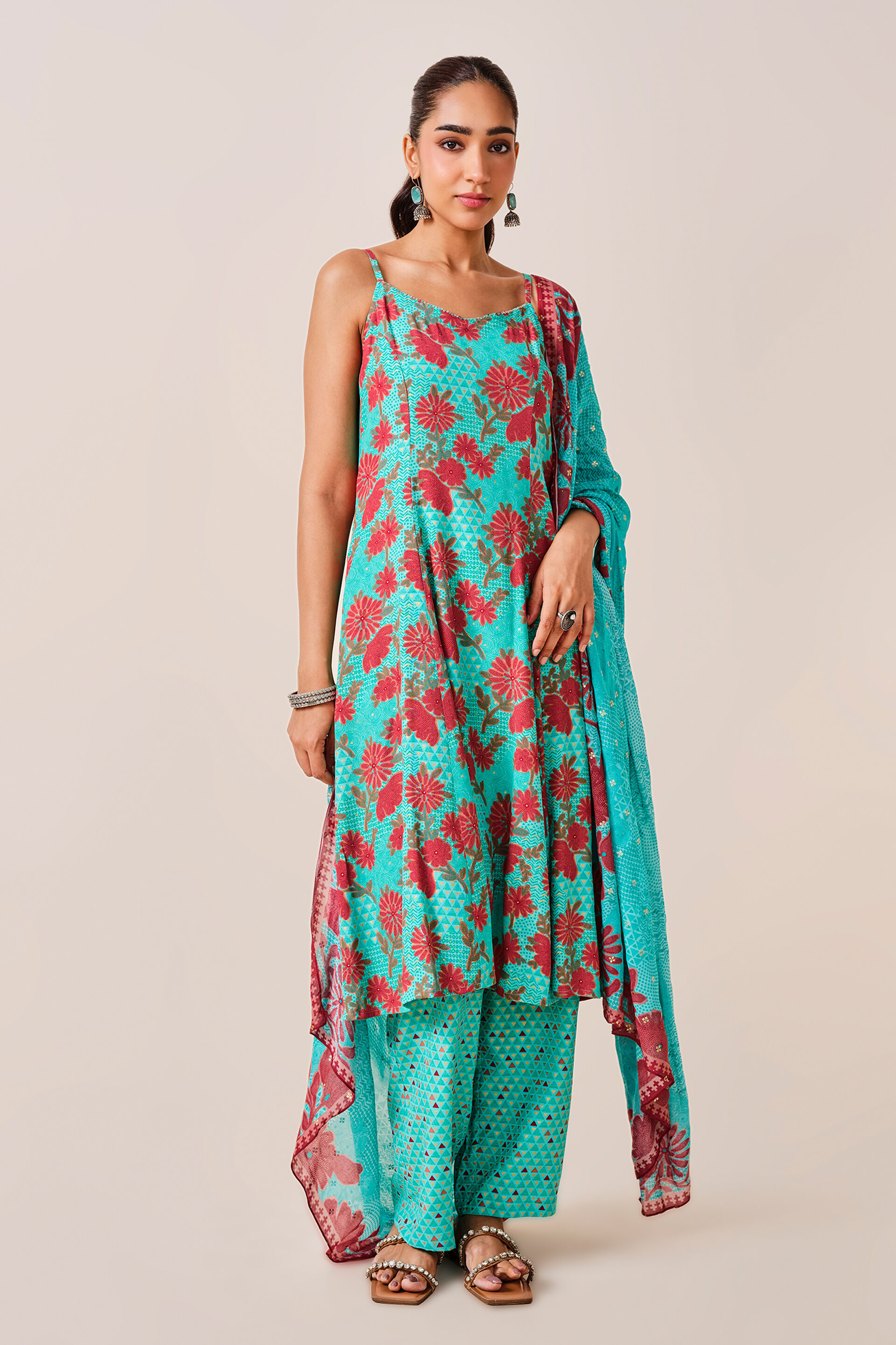 Aqua Floral Print Viscose Set , Aqua, image 2