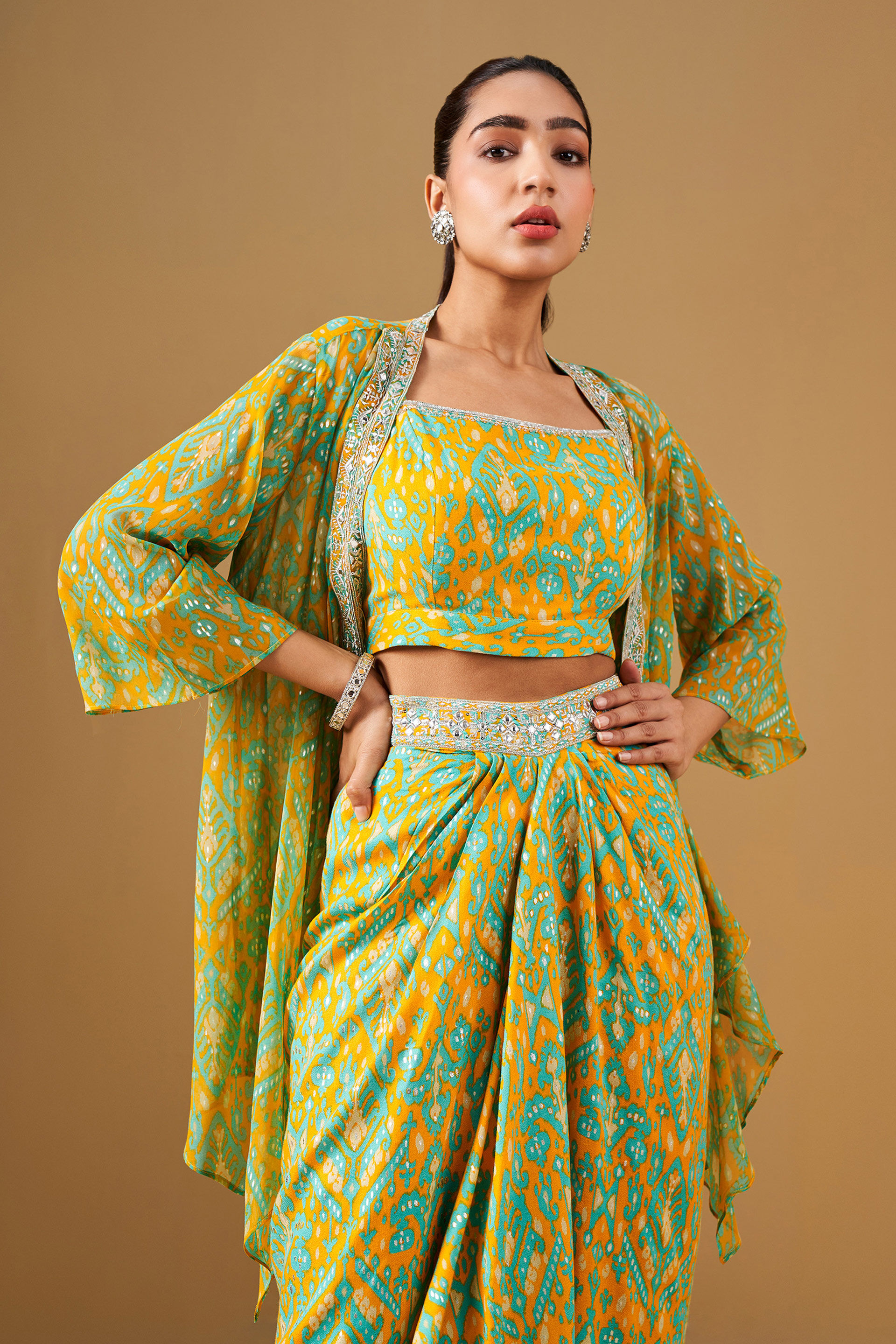 Ikat Inspired Asymmetrical Skirt Co-ord Set, Mustard, image 9