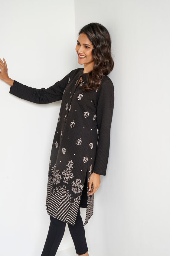 Black Ethnic Motifs Straight Button Jacket, Black, image 3