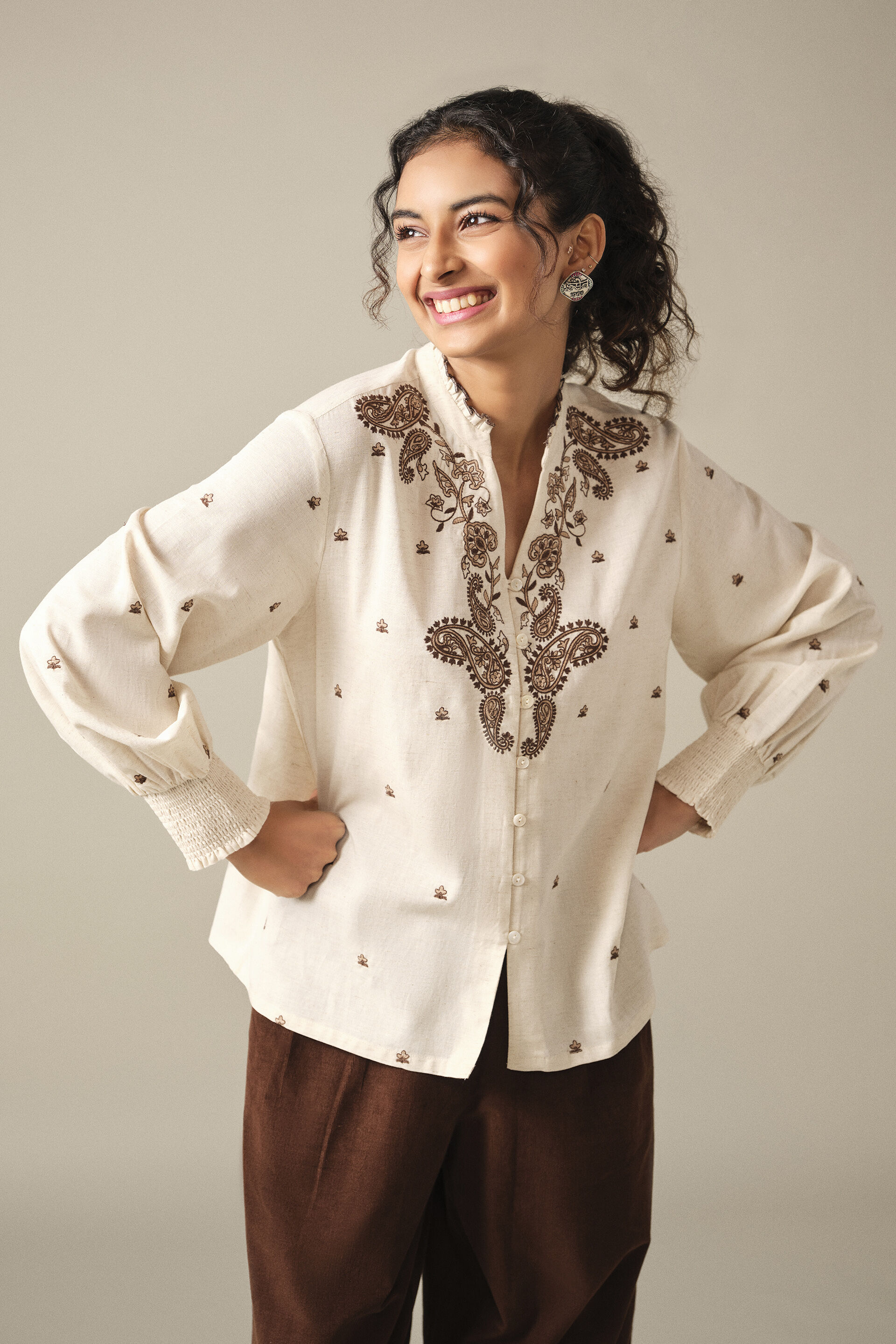Natural Embroidered Short Top