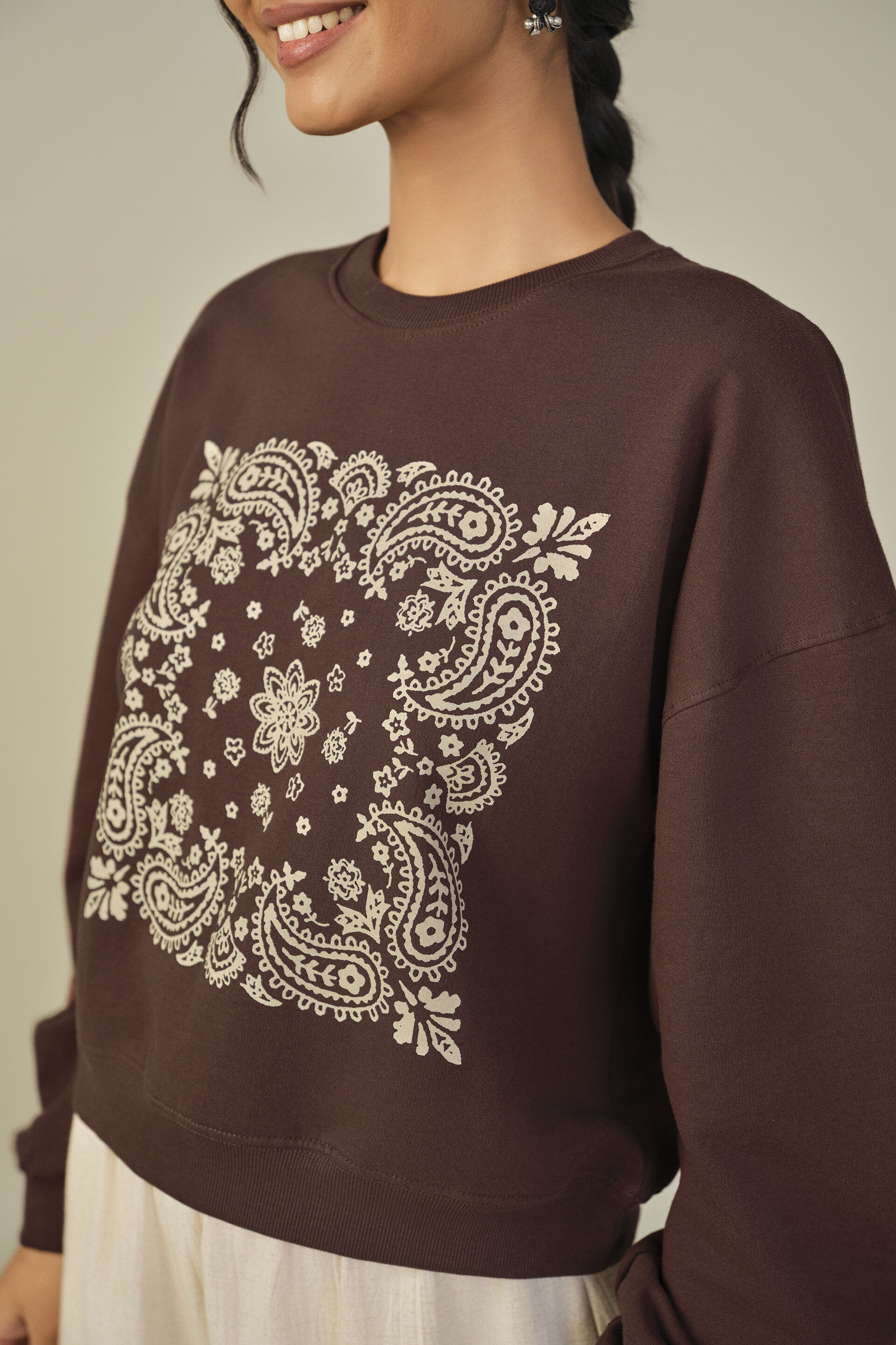 Printed Cotton Sweatshirt in Brown, Brown, image 2