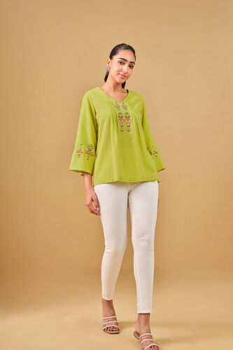 Pleated Lime Green Embroidered Top, Lime, image 2