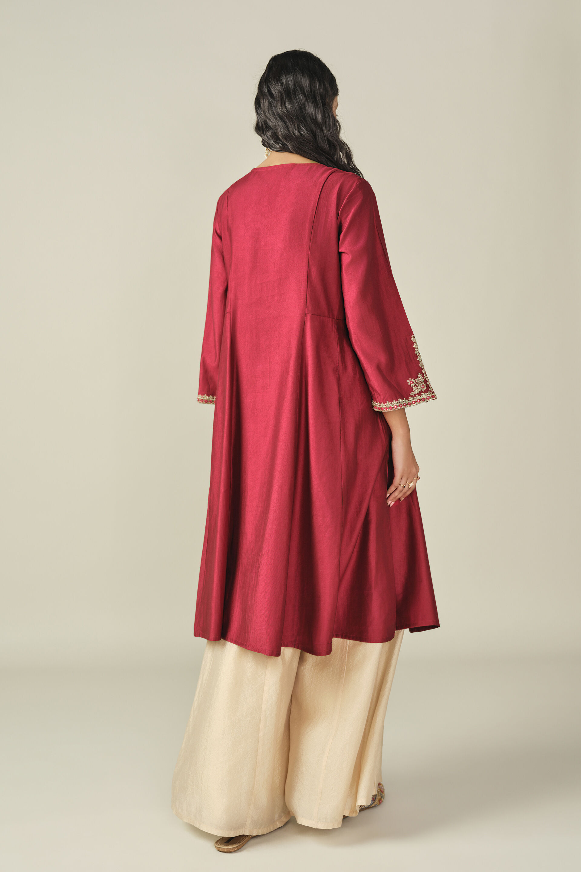 Embroidered A-line Kurta in Red, Red, image 6