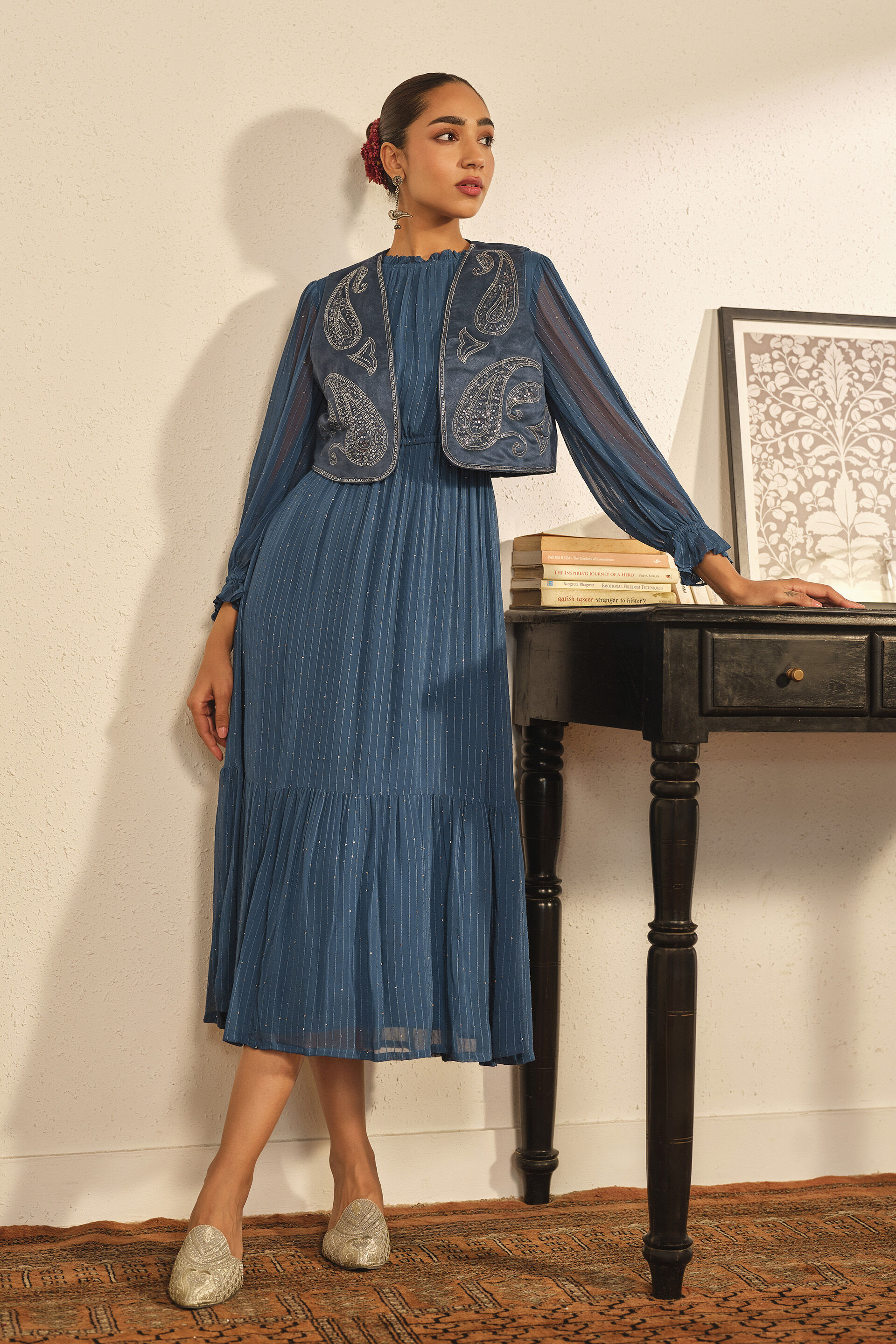 Buy Embroidered Dress Set in Blue Online In India at Global Desi F26R242P_BLUE