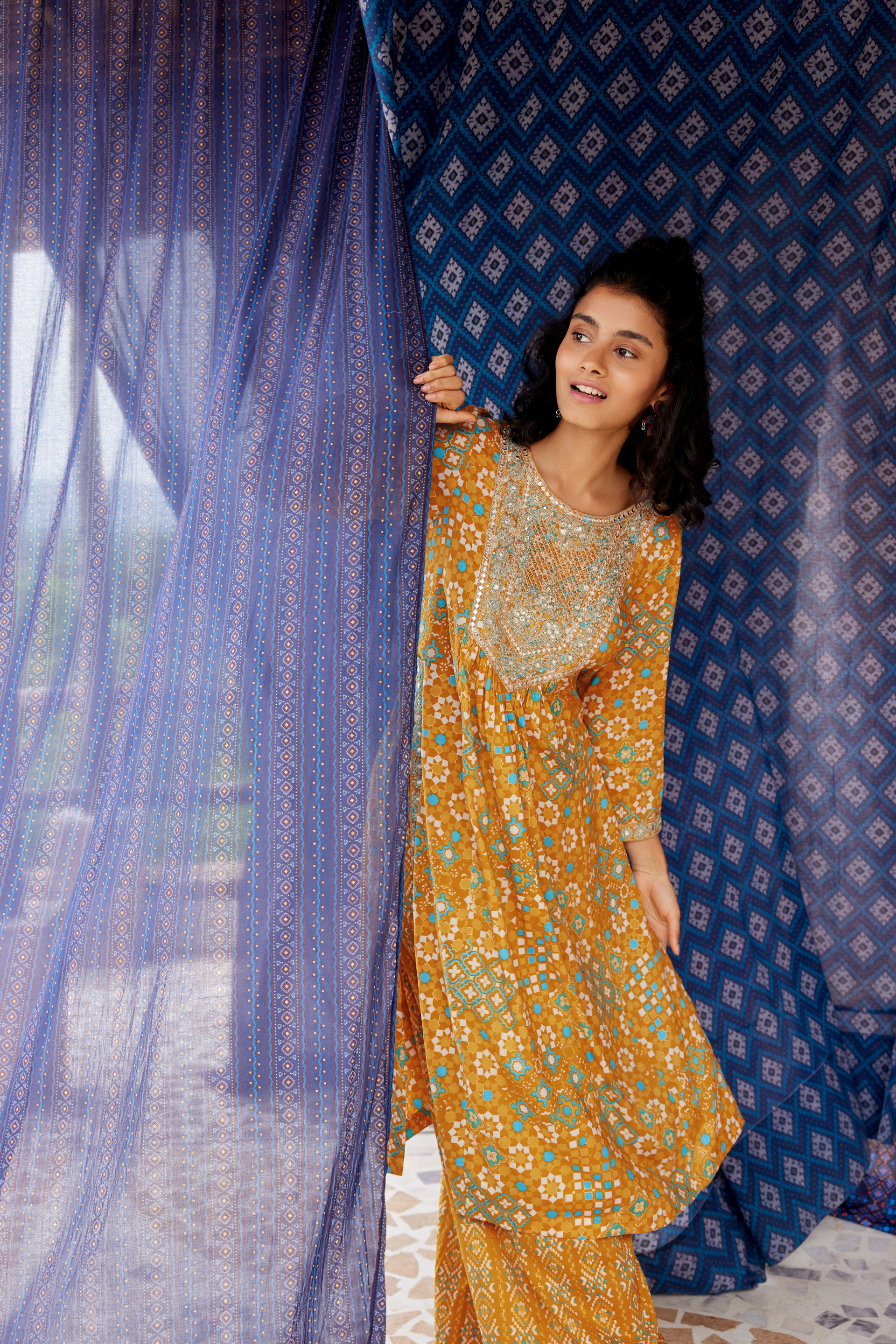 Embroidered Yellow Viscose Kurta Set, Mustard, image 2