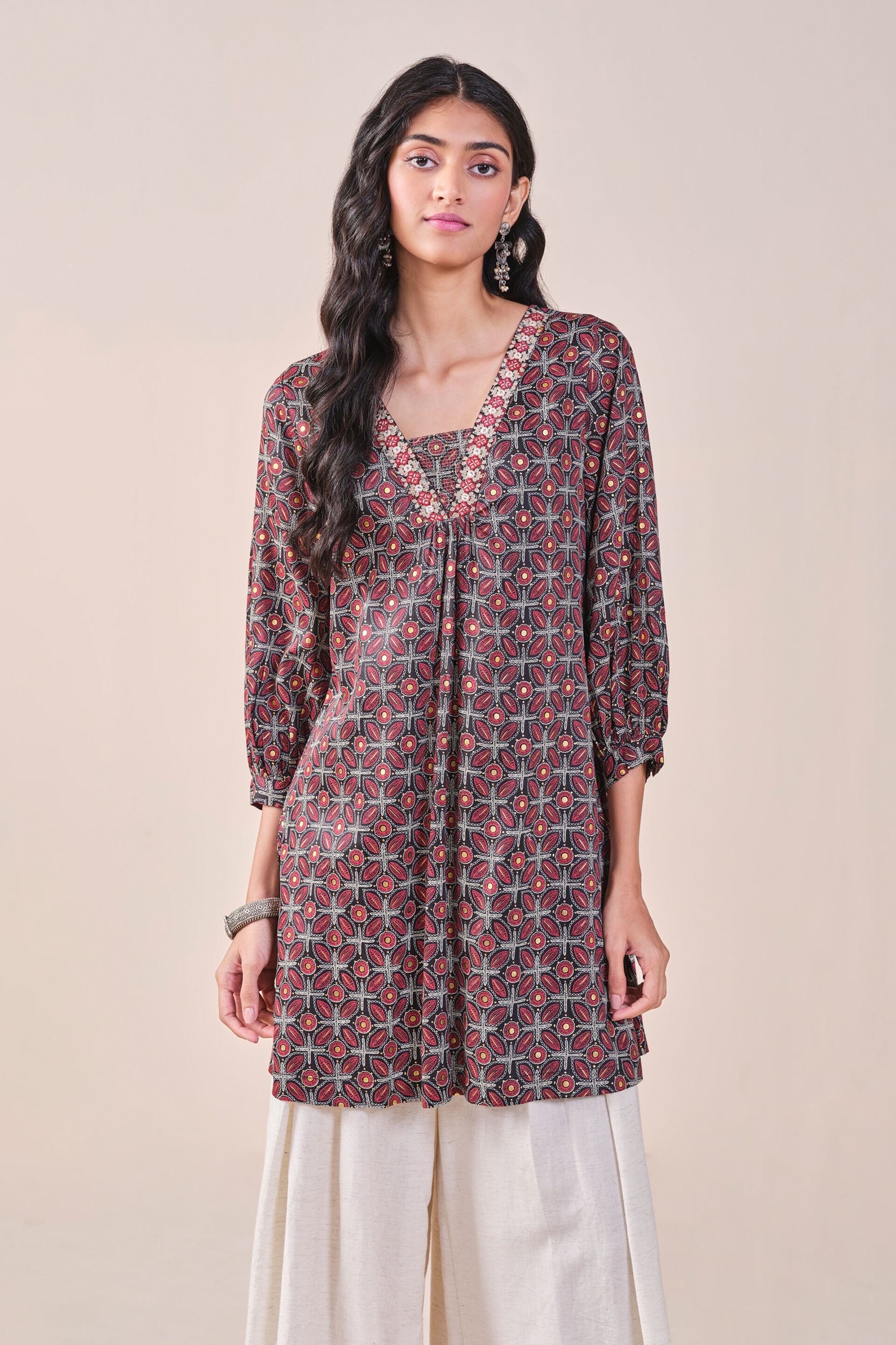 Floral Print Embroidered Tunic, Black, image 2