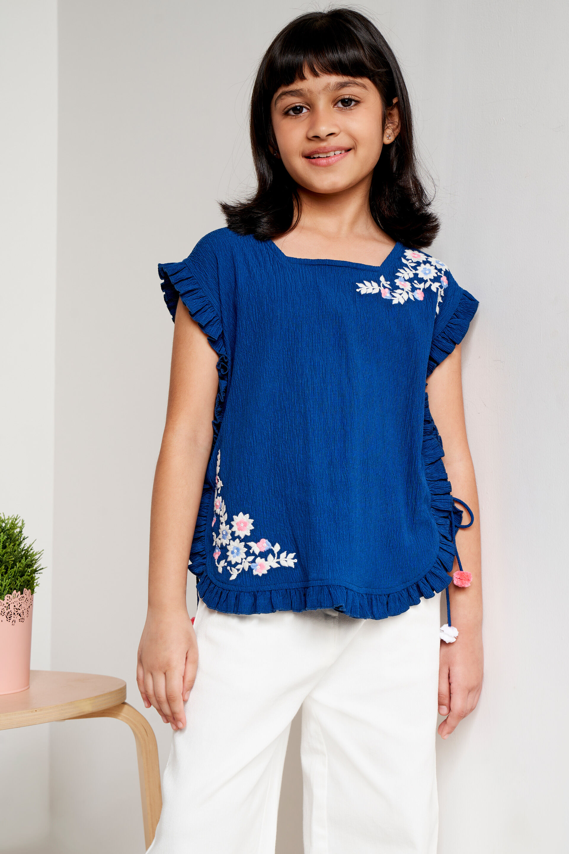 Navy Solid Embroidered Fit And Flare Top, Navy Blue, image 2