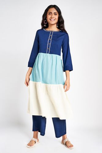 4 - Blue Embroidered Fit and Flare Kurta, image 4