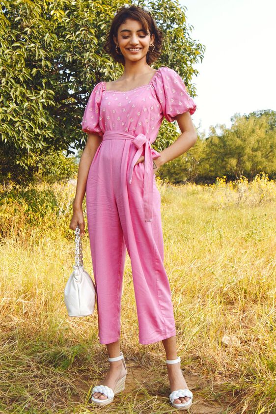 1 - Pink Solid Fit & Flare Jump Suit, image 1