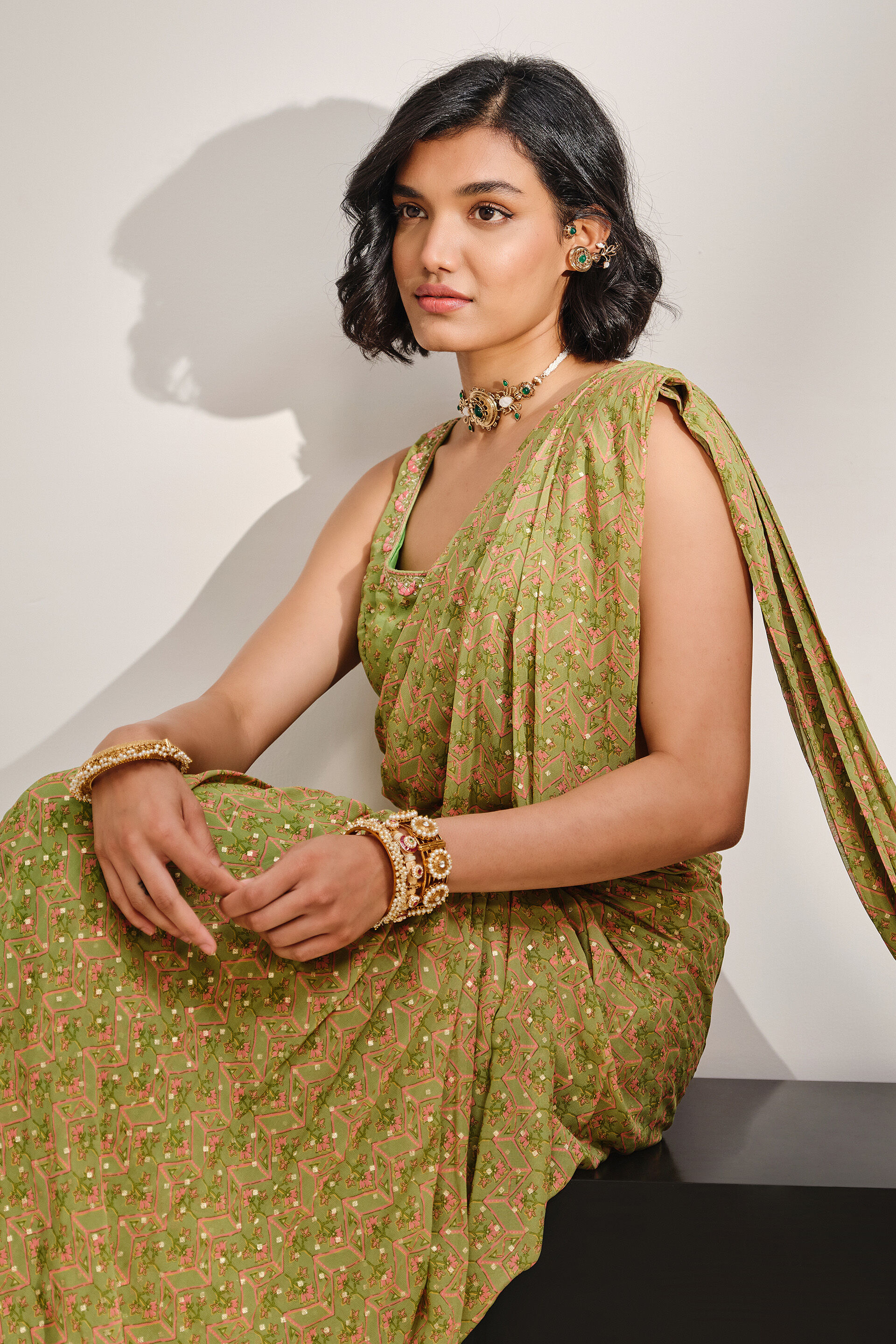 Leher Predraped Saree, Green, image 4