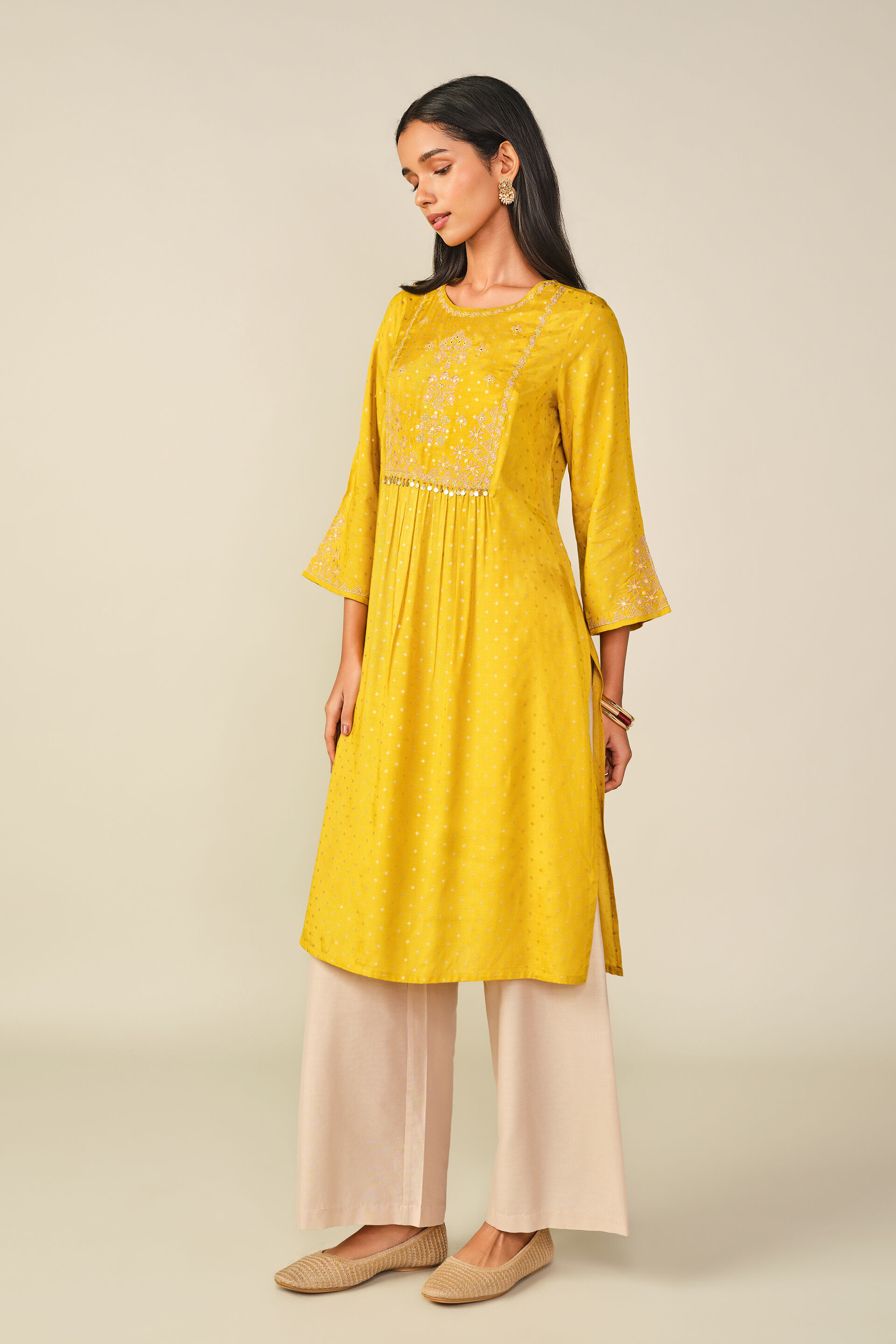 A-Line Embroidered Kurta in Mustard, Mustard, image 5