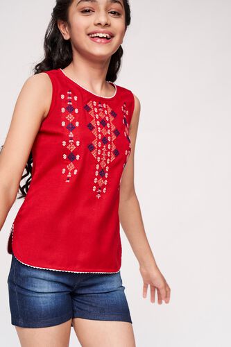 6 - Red Solid Embroidered A-Line Top, image 6