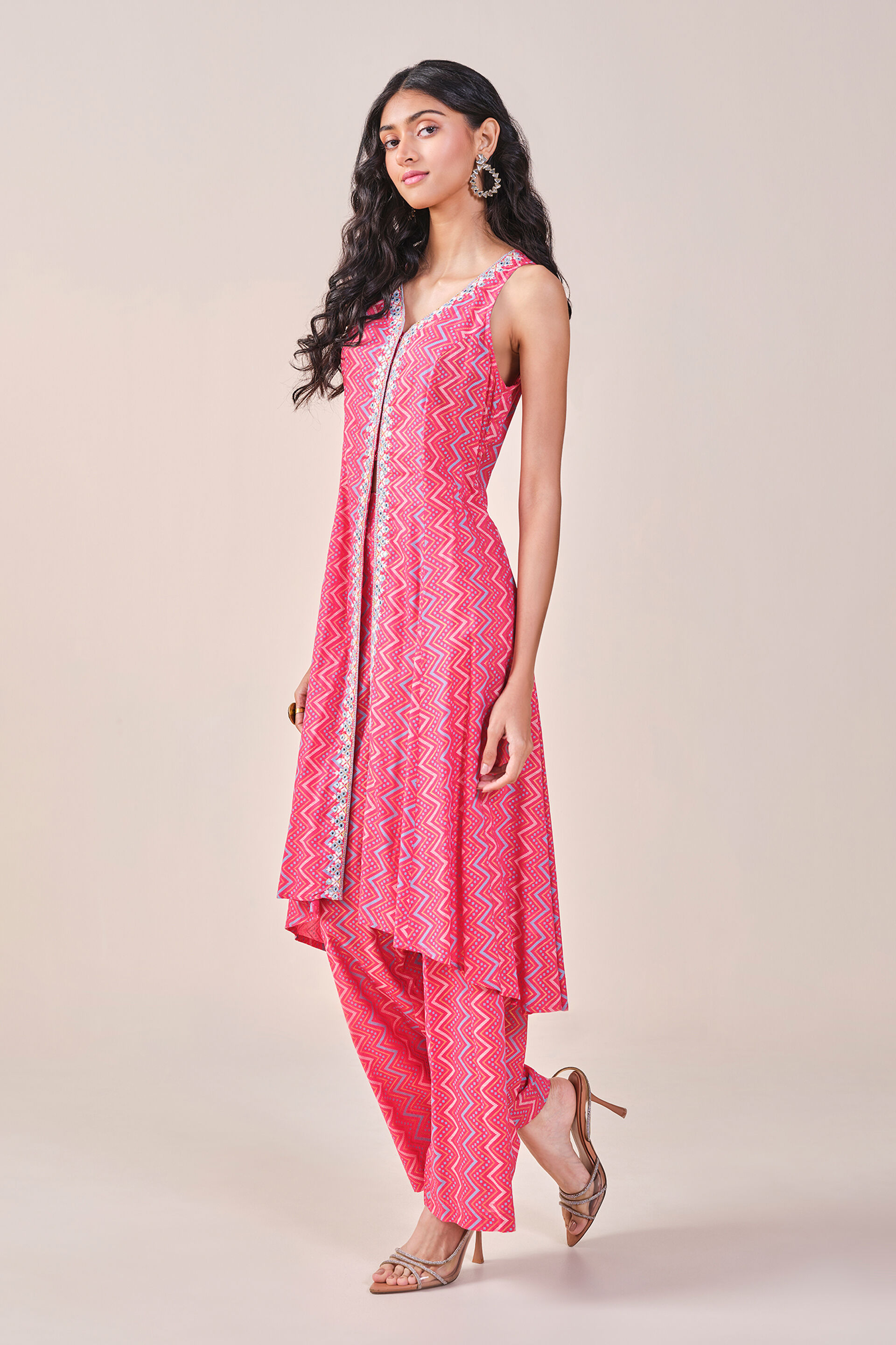 Pink Chevron Print Viscose Kurta Set, Pink, image 10