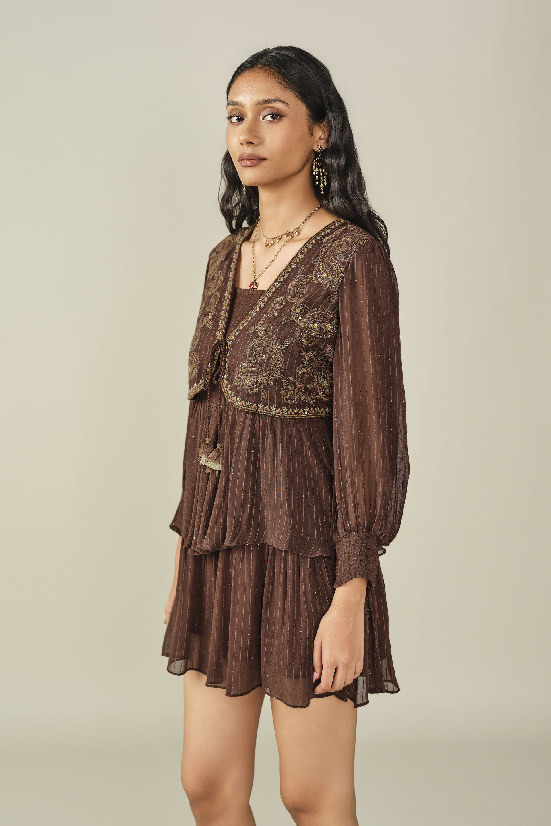 Embroidered Dress with Shrug in Brown, Brown, image 3