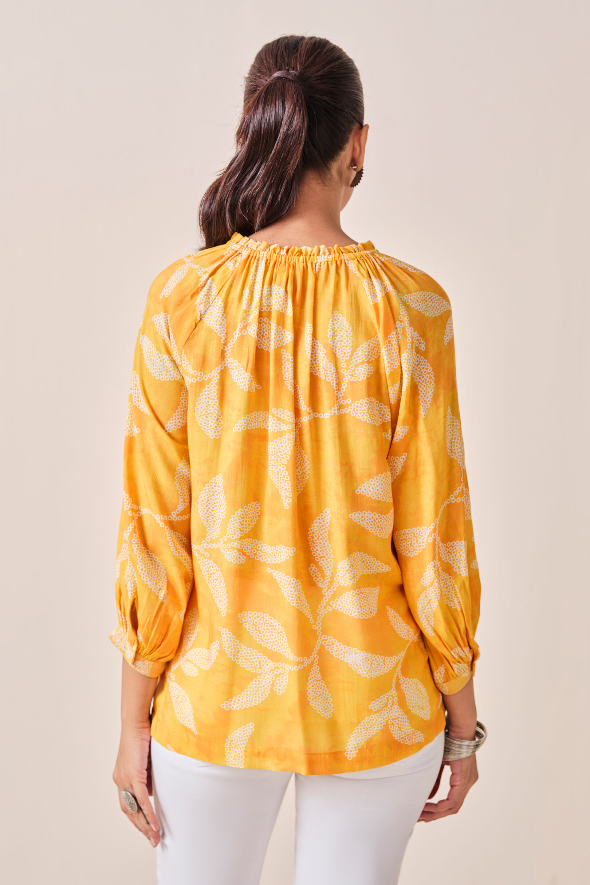 Mustard Leaf Print Viscose Top, Mustard, image 6