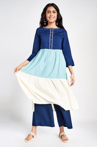 3 - Blue Embroidered Fit and Flare Kurta, image 3