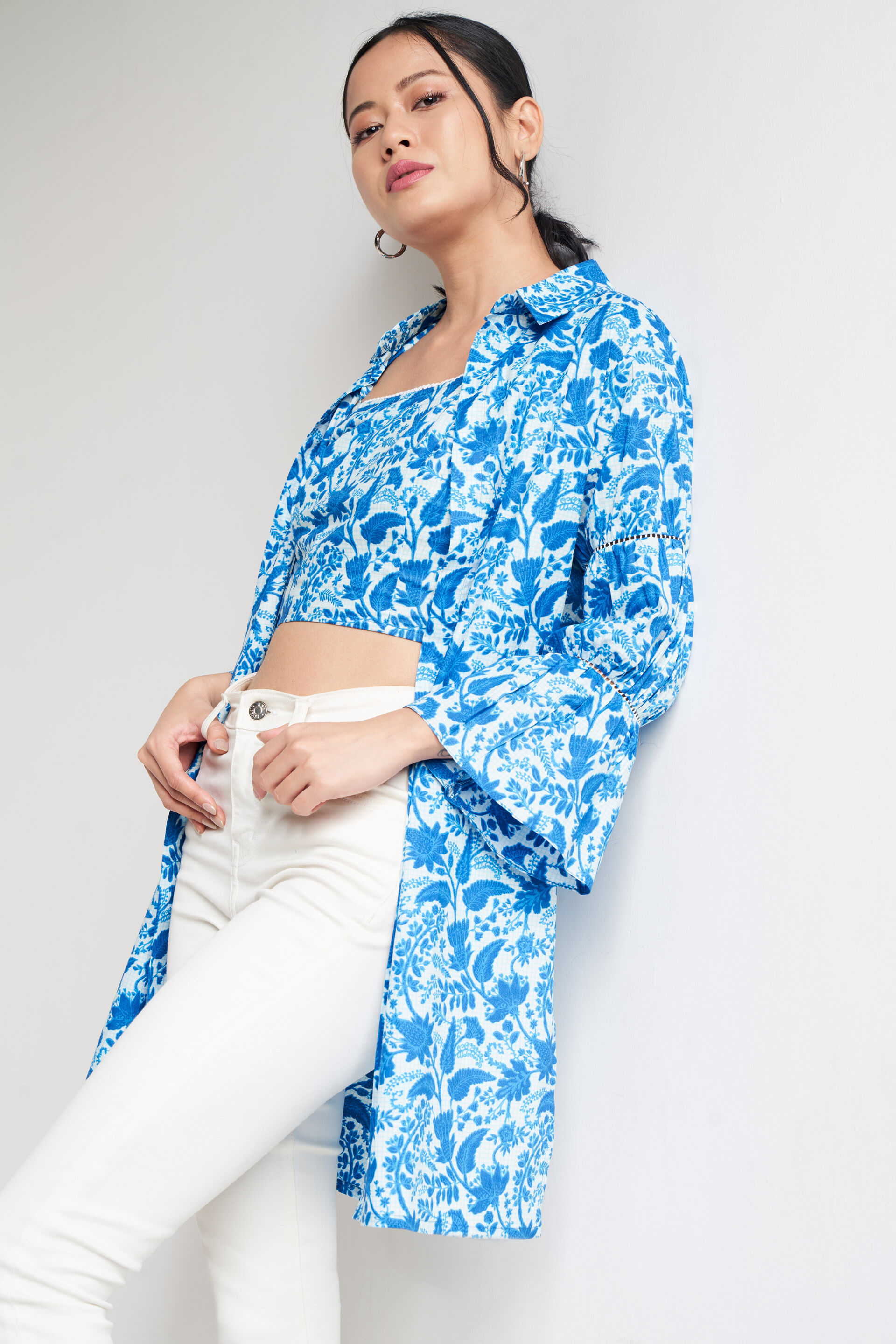 Blue floral shirt womens sales
