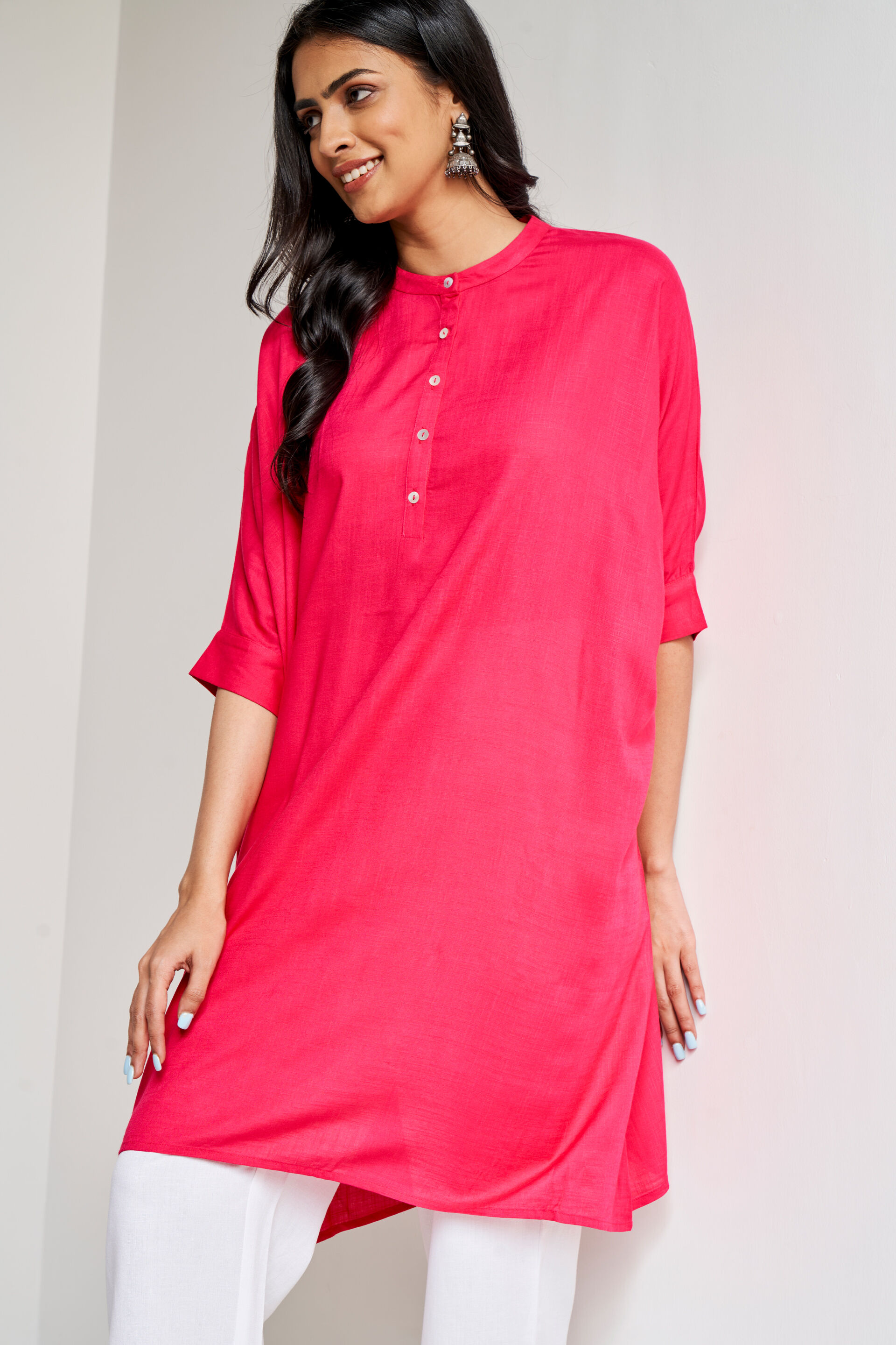 Pink Solid Curved Kurta, Pink, image 3