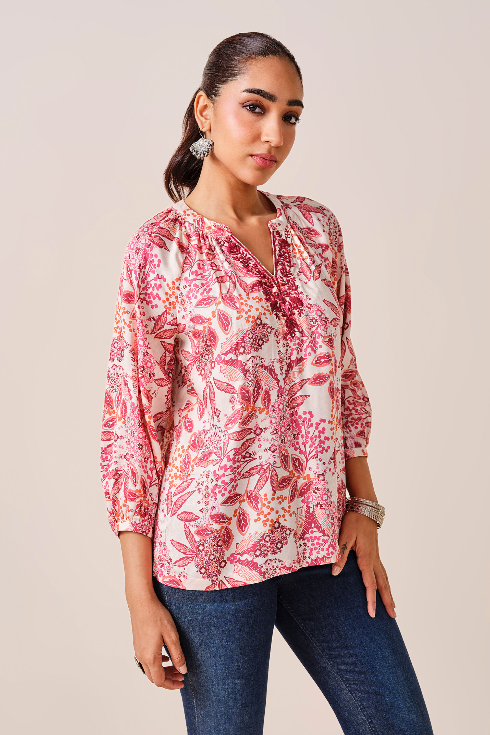 Coral Floral Print Viscose Top, Coral, image 3