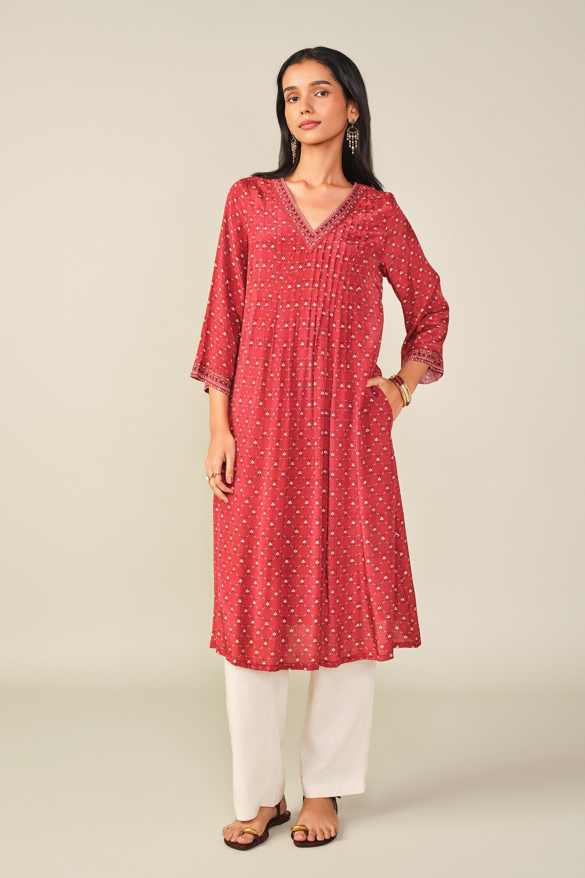 A-Line Printed Kurta in Maroon, Maroon, image 3